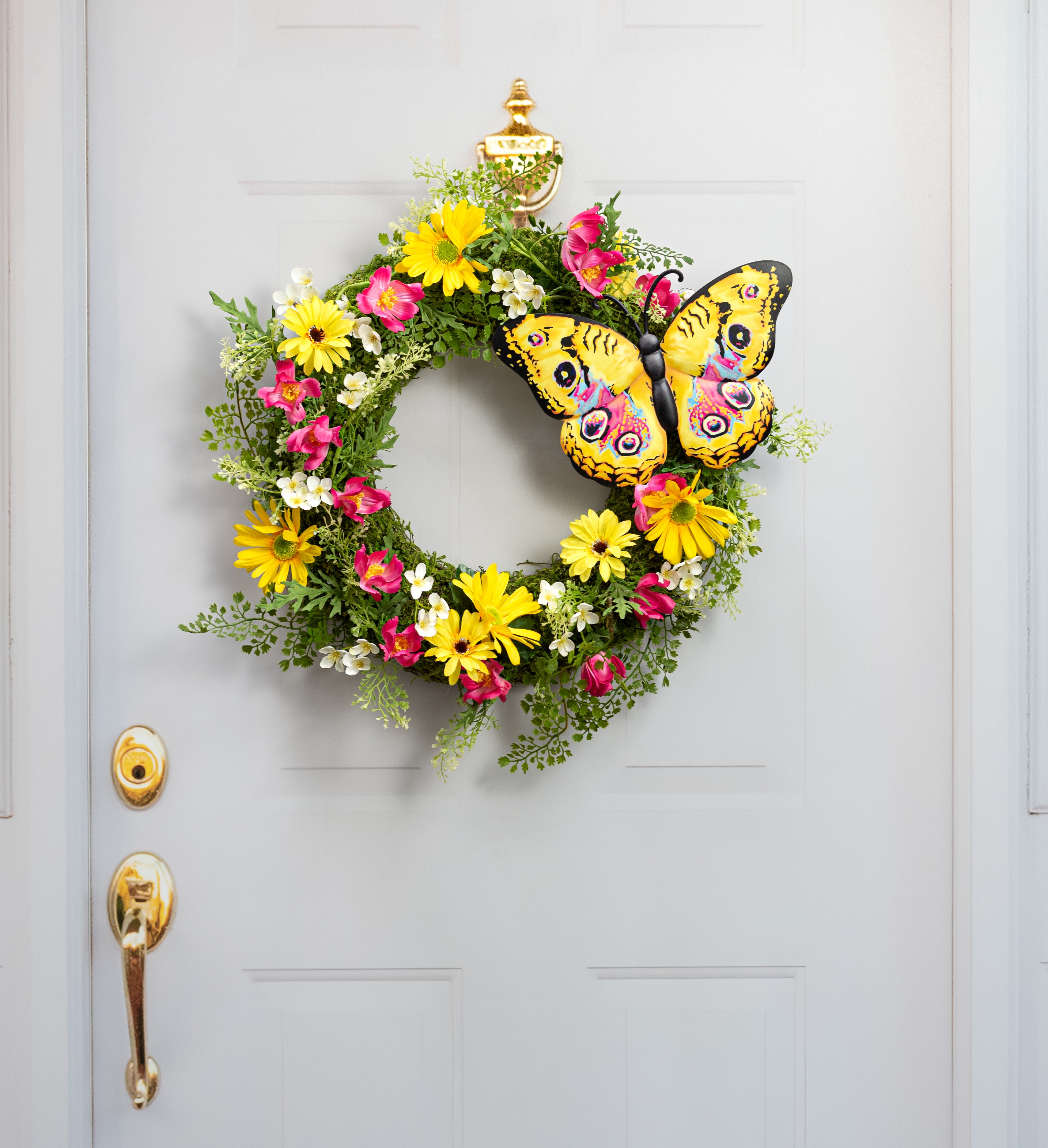 12" Embossed Metal Sign: Yellow Peacock Butterfly