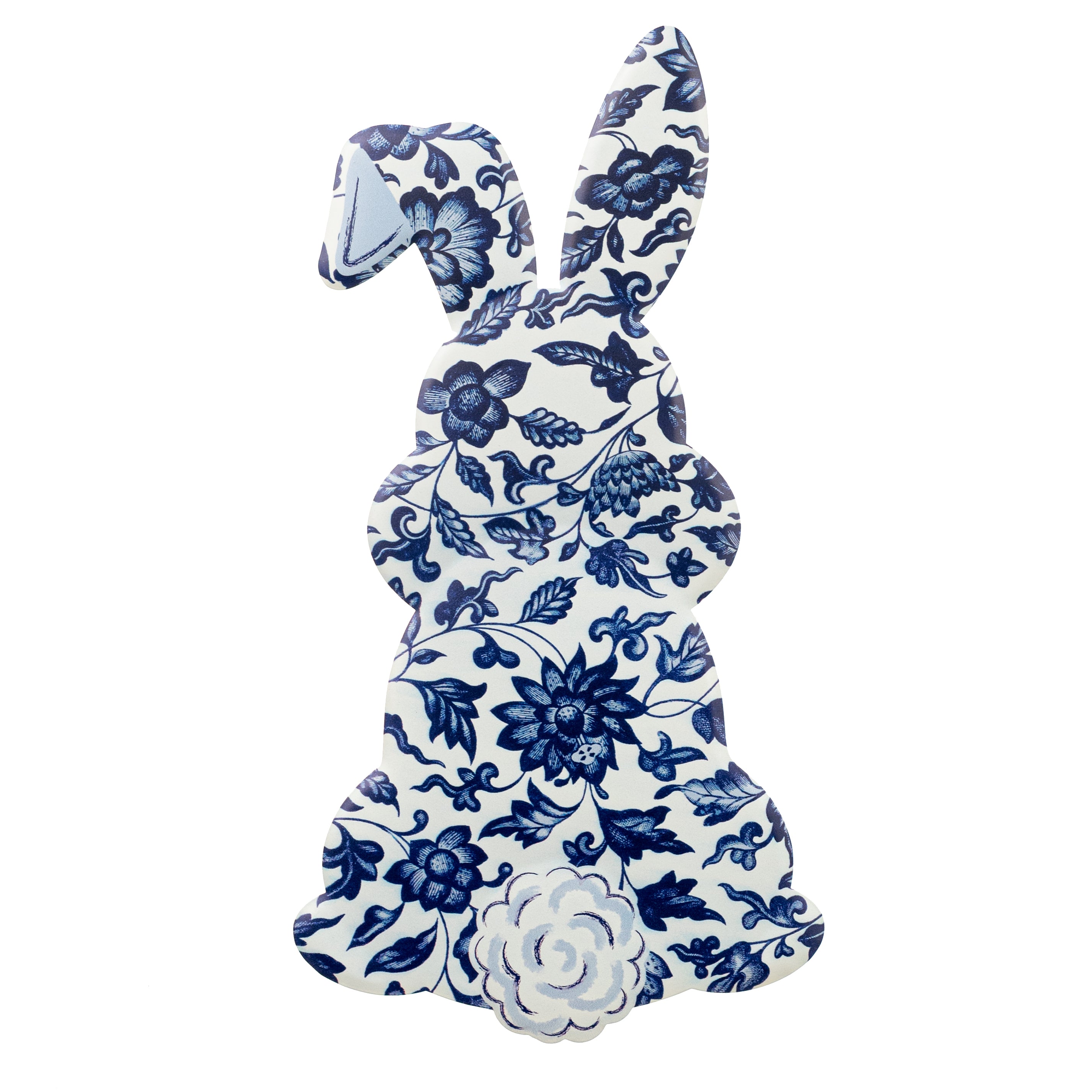 15" Embossed Metal Sign: Blue & White Chinoiserie Bunny Bottom