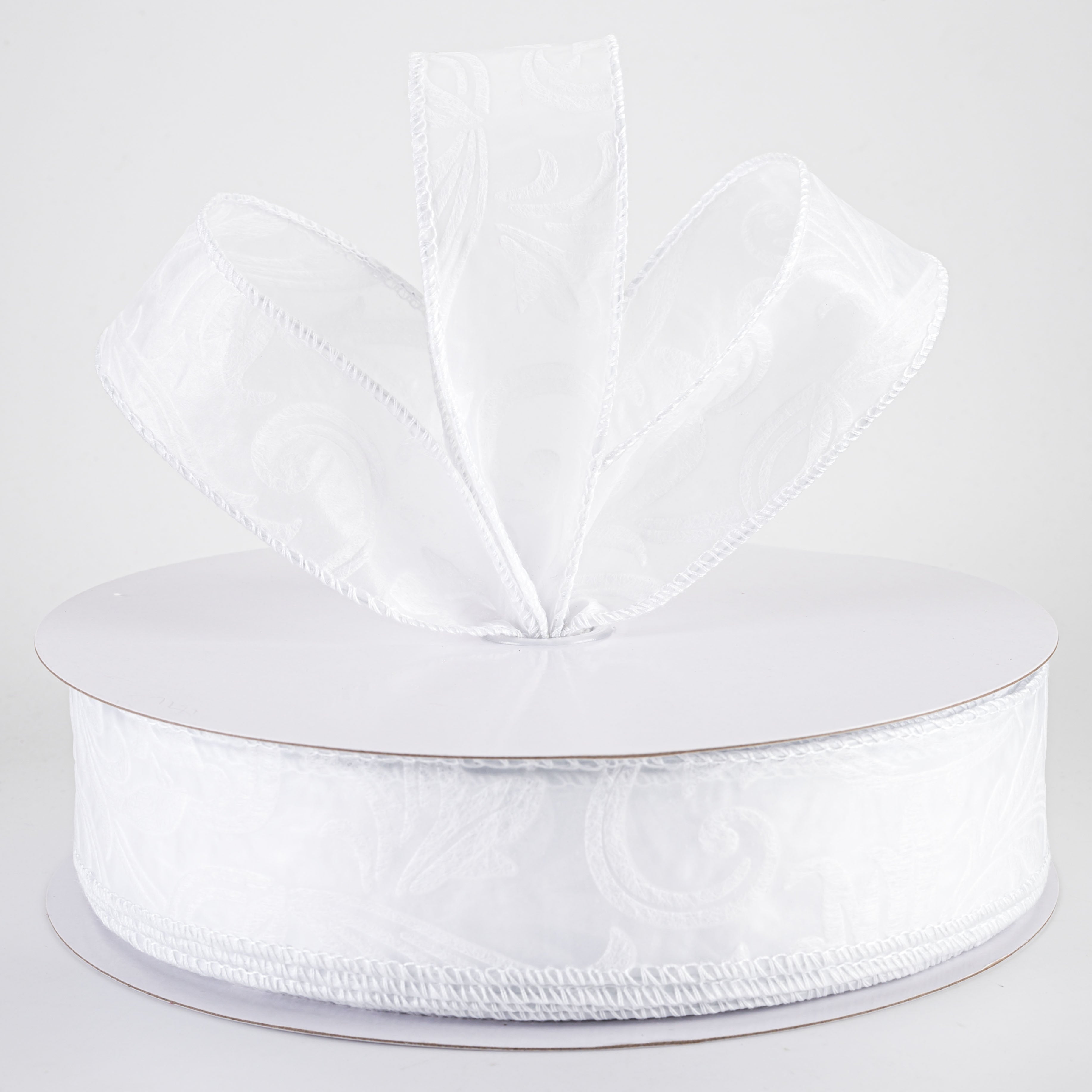 1.5" Embossed Leaf Filagree Breeze Ribbon: White (50 Yards)