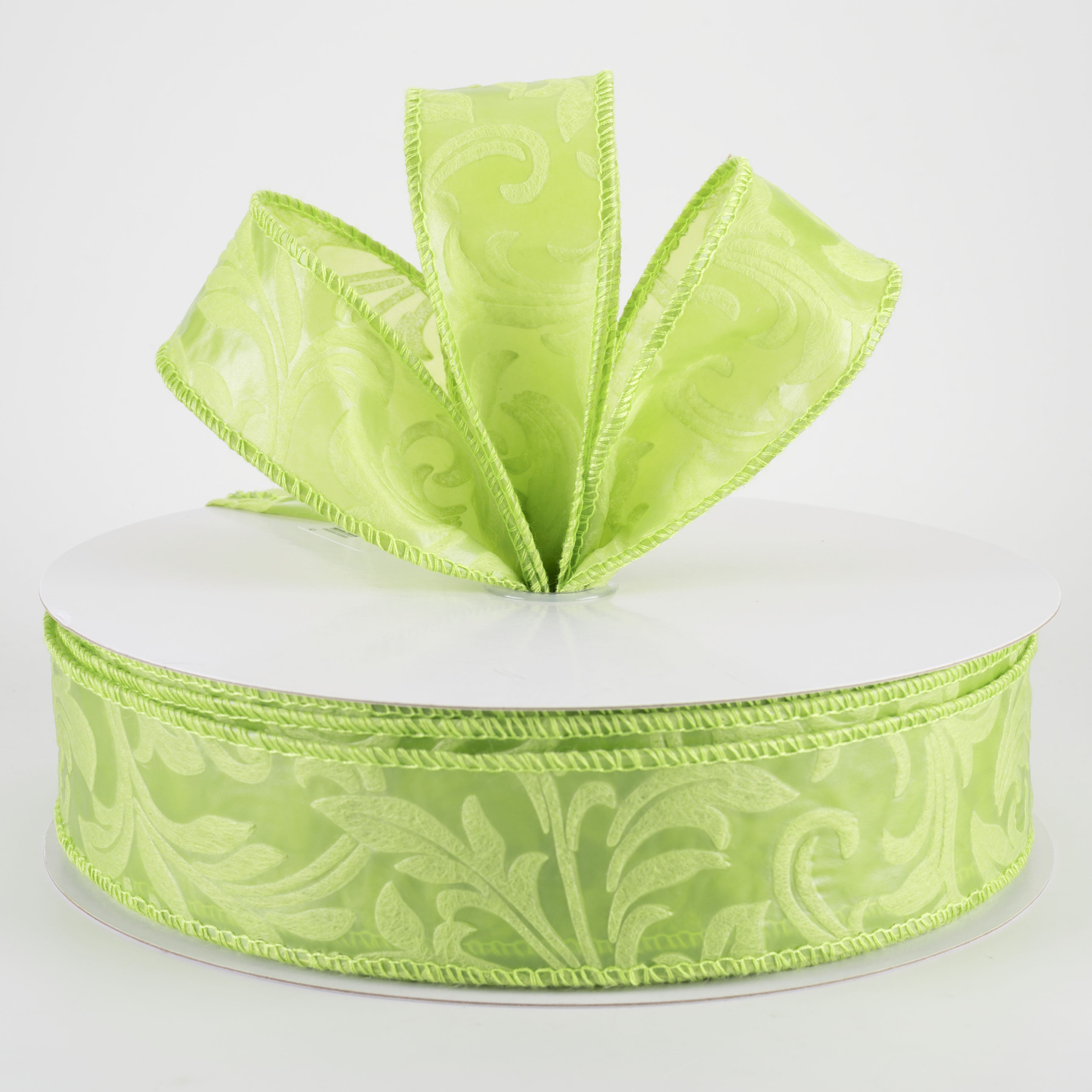 1.5" Embossed Leaf Filagree Breeze Ribbon: Fern Green (50 Yards)