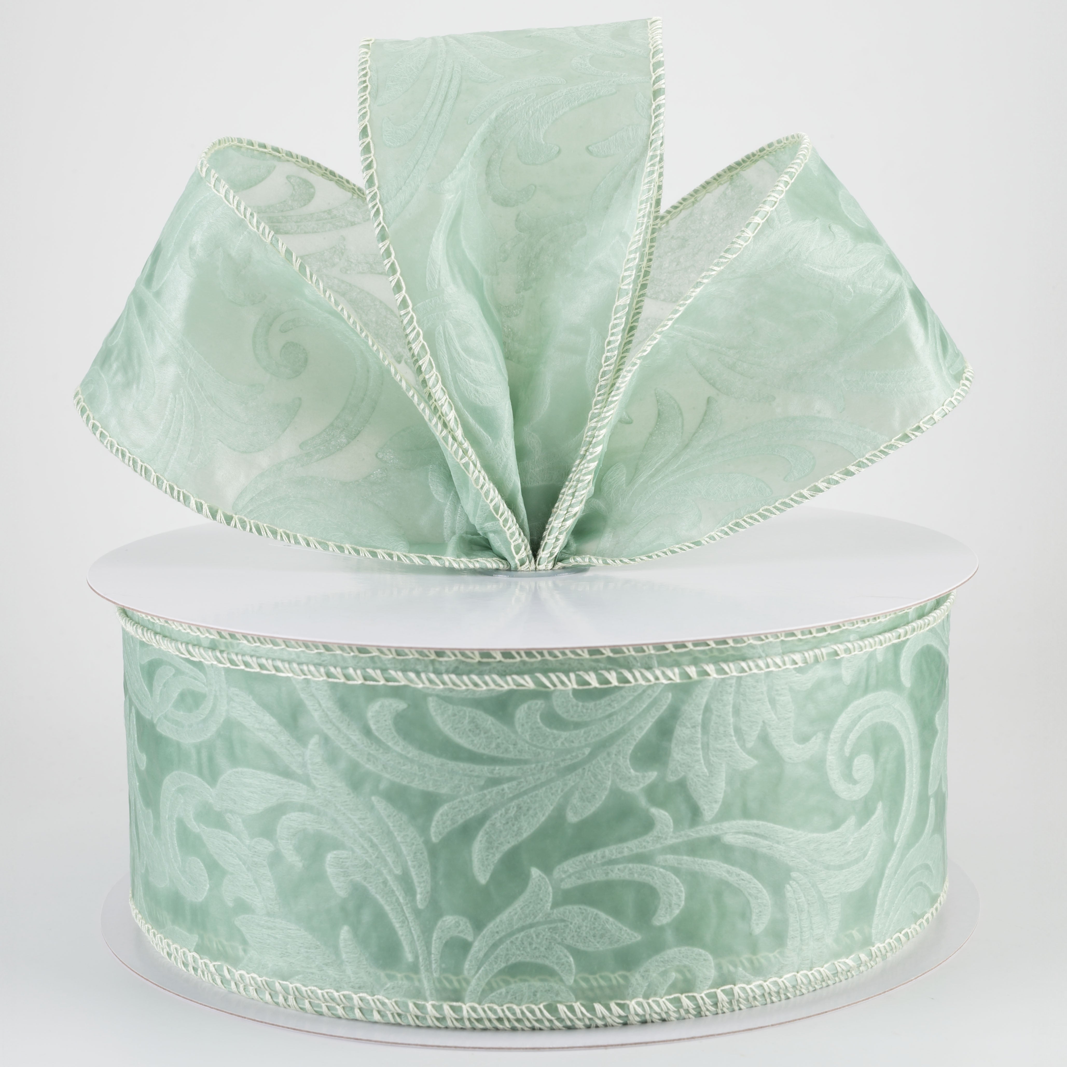 2.5" Embossed Leaf Filagree Breeze Ribbon: Celadon Green (50 Yards)