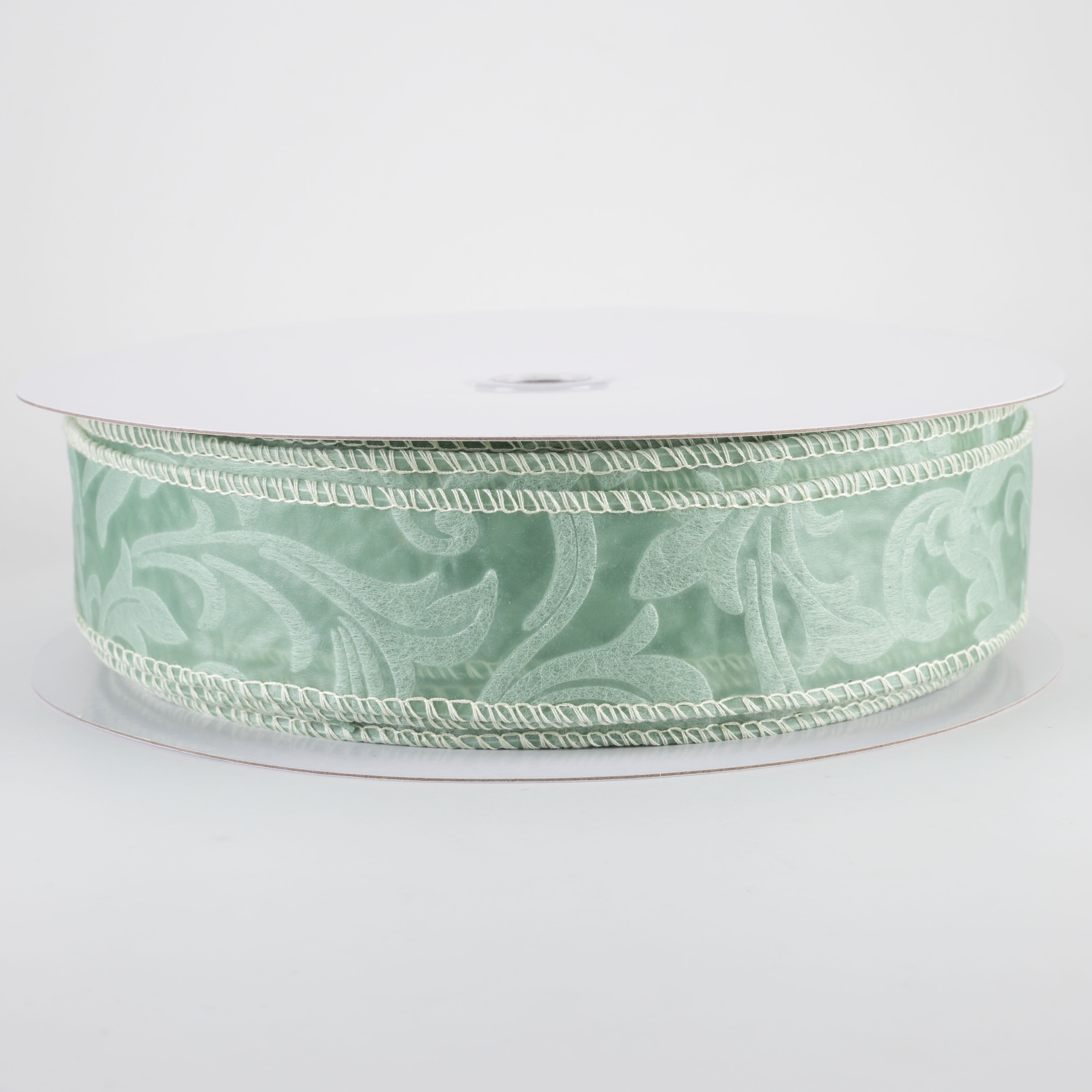 1.5" Embossed Leaf Filagree Breeze Ribbon: Celadon Green (50 Yards)