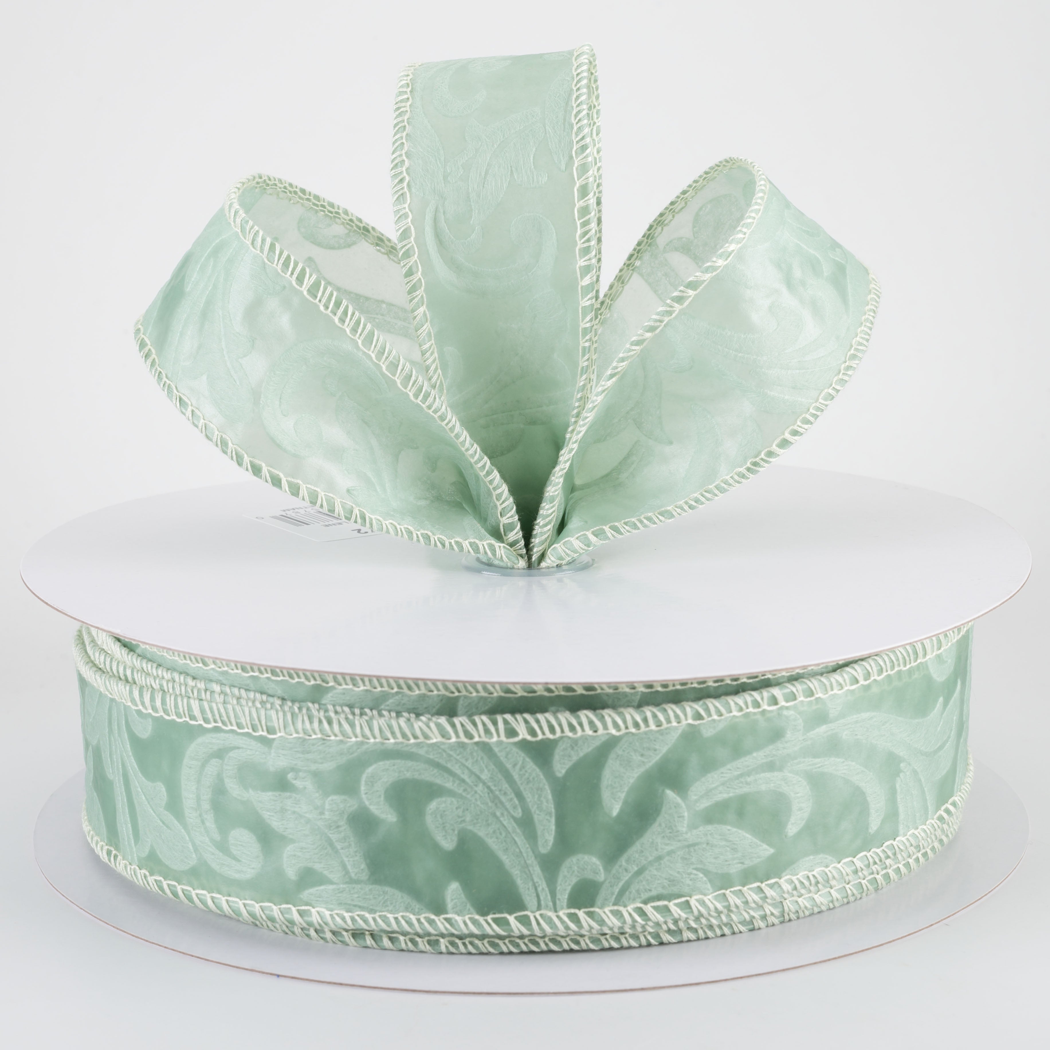 1.5" Embossed Leaf Filagree Breeze Ribbon: Celadon Green (50 Yards)
