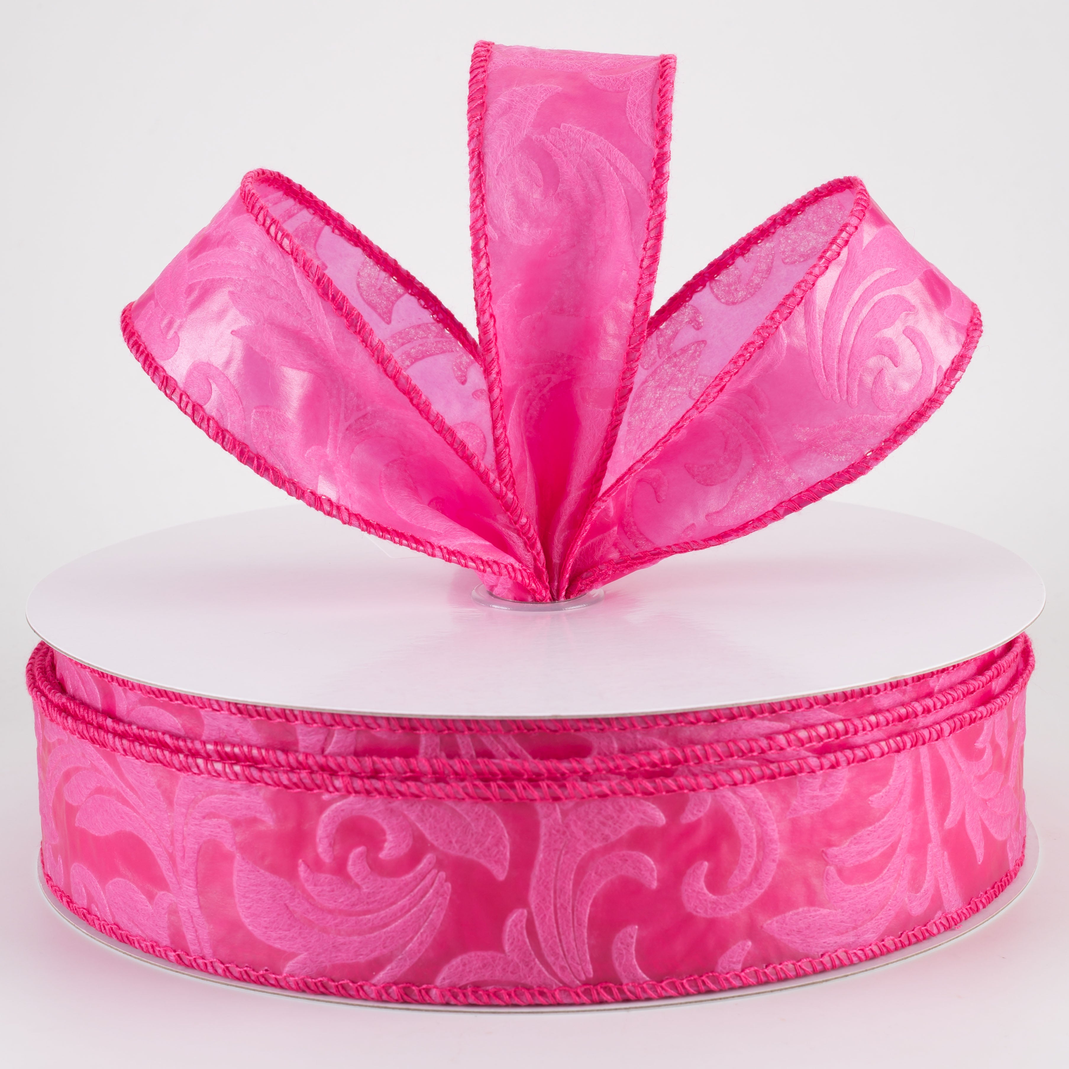 1.5" Embossed Leaf Filagree Breeze Ribbon: Hot Pink (50 Yards)