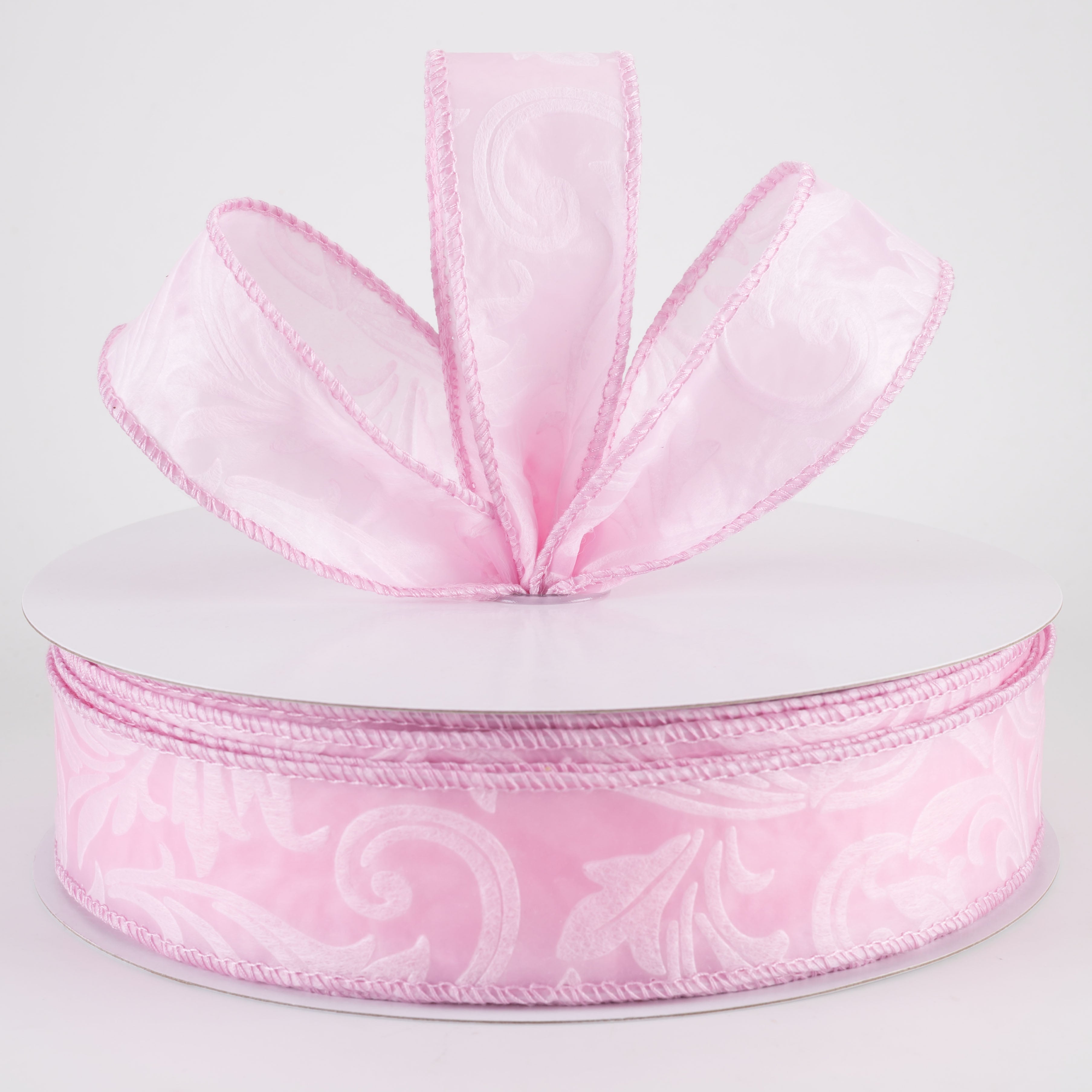 1.5" Embossed Leaf Filagree Breeze Ribbon: Light Pink (50 Yards)