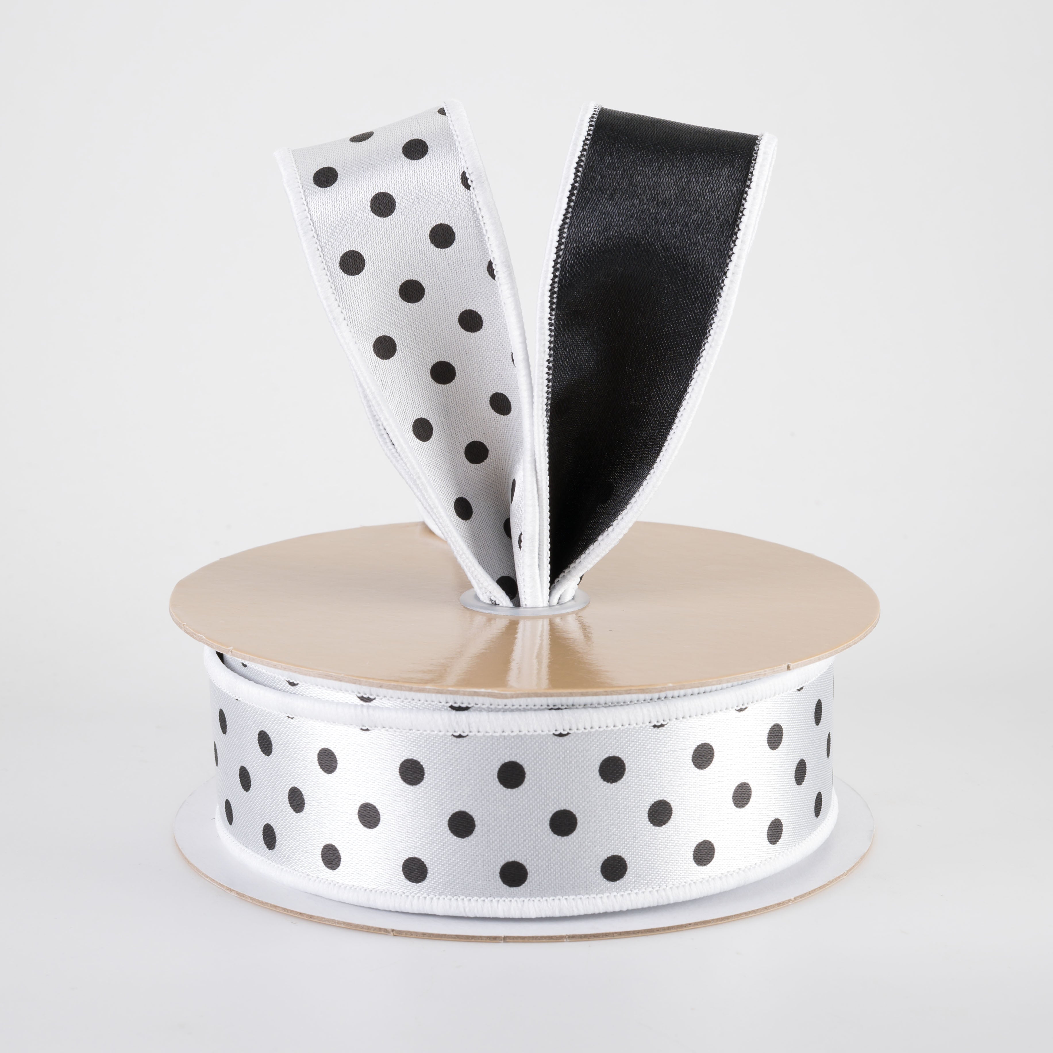 1.5" Double Sided Fused Small Polka Dot Ribbon: White & Black (10 Yards)