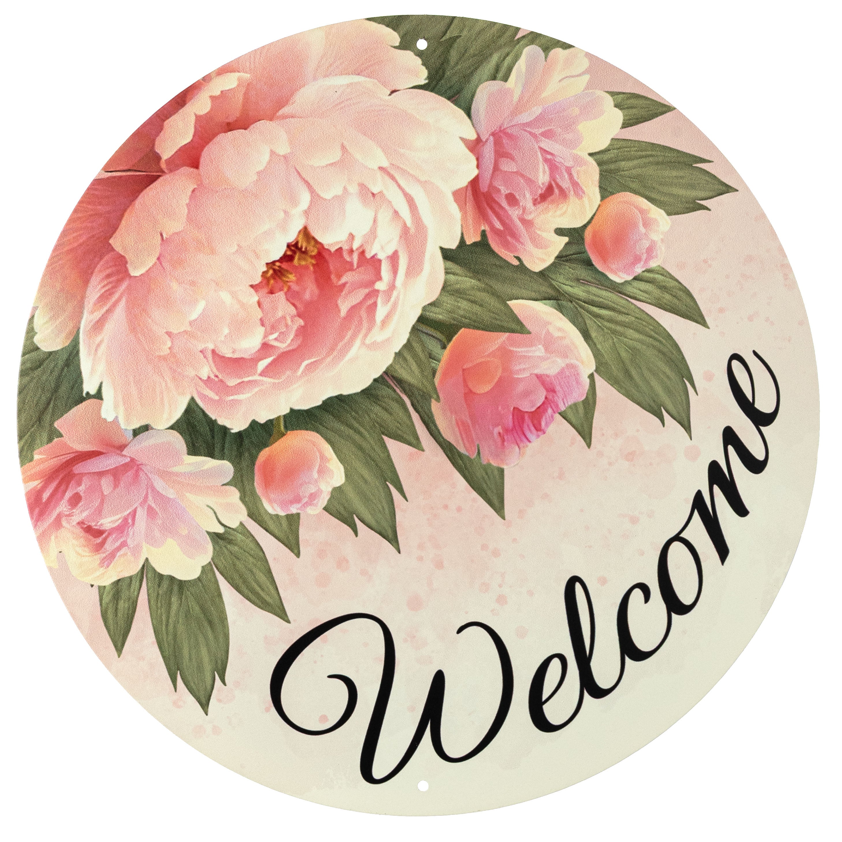 12" Round Metal Sign: Welcome Pink Peonies