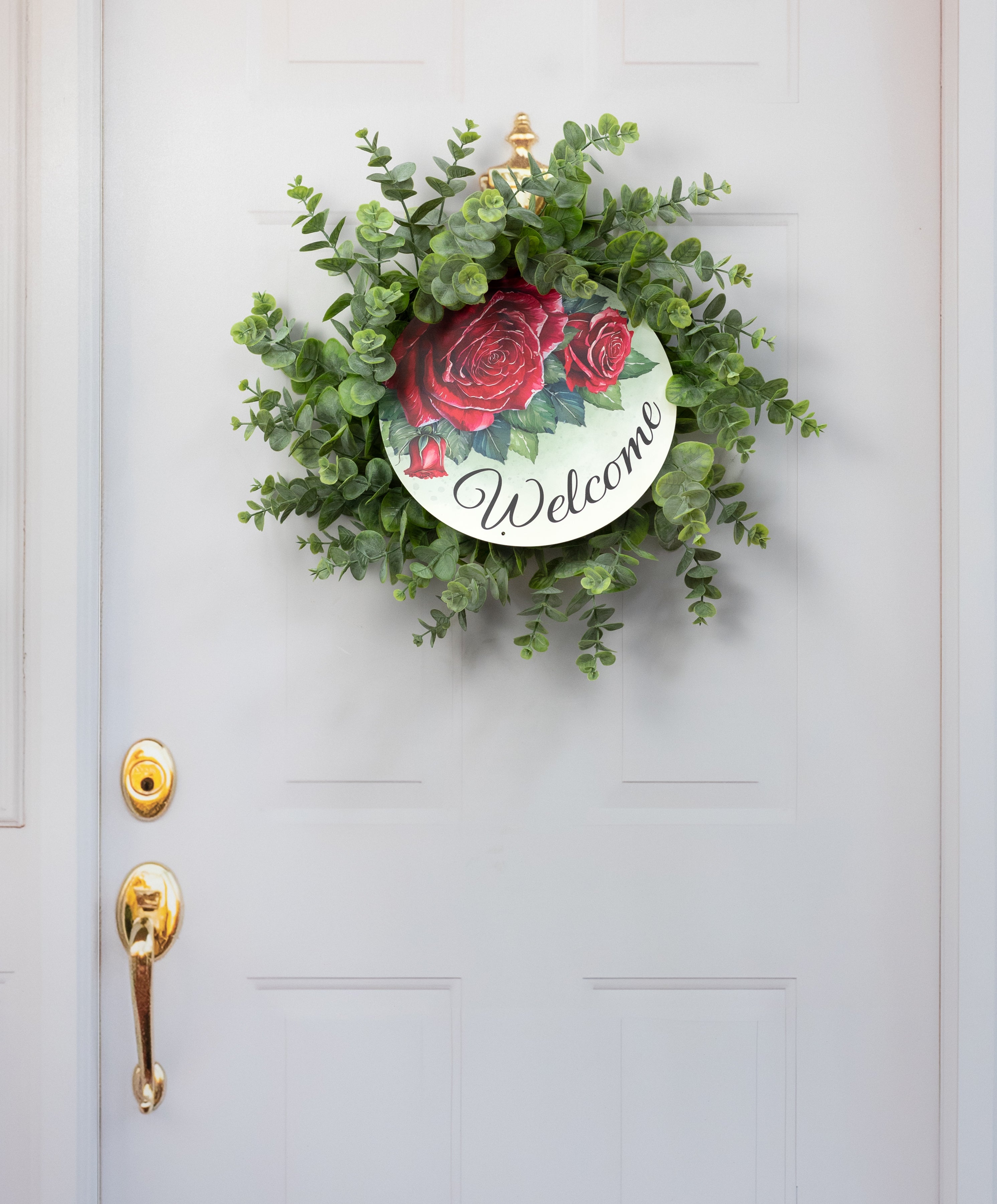 12" Round Metal Sign: Welcome Red Rose Flowers
