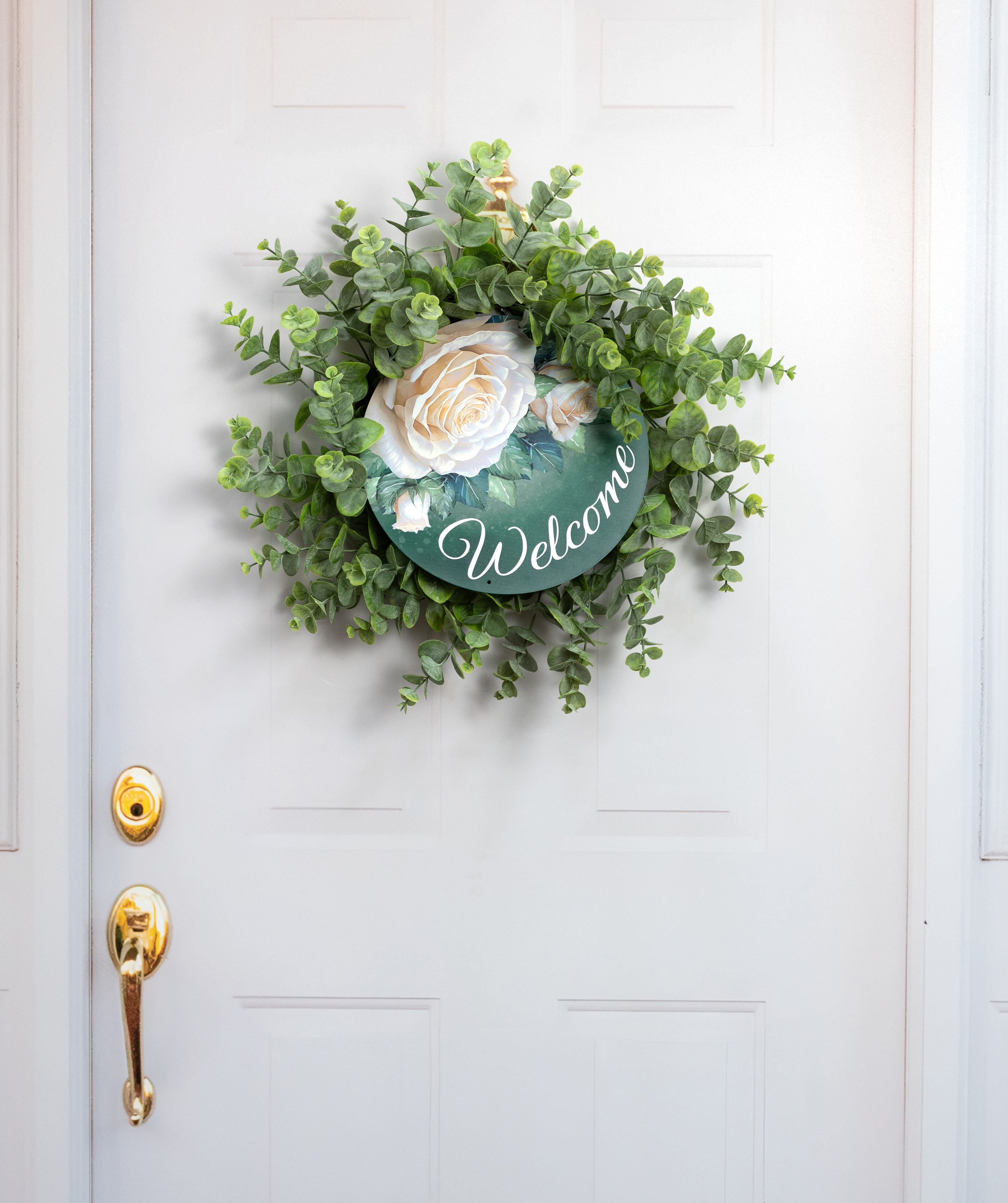 12" Round Metal Sign: Welcome White Rose Flowers
