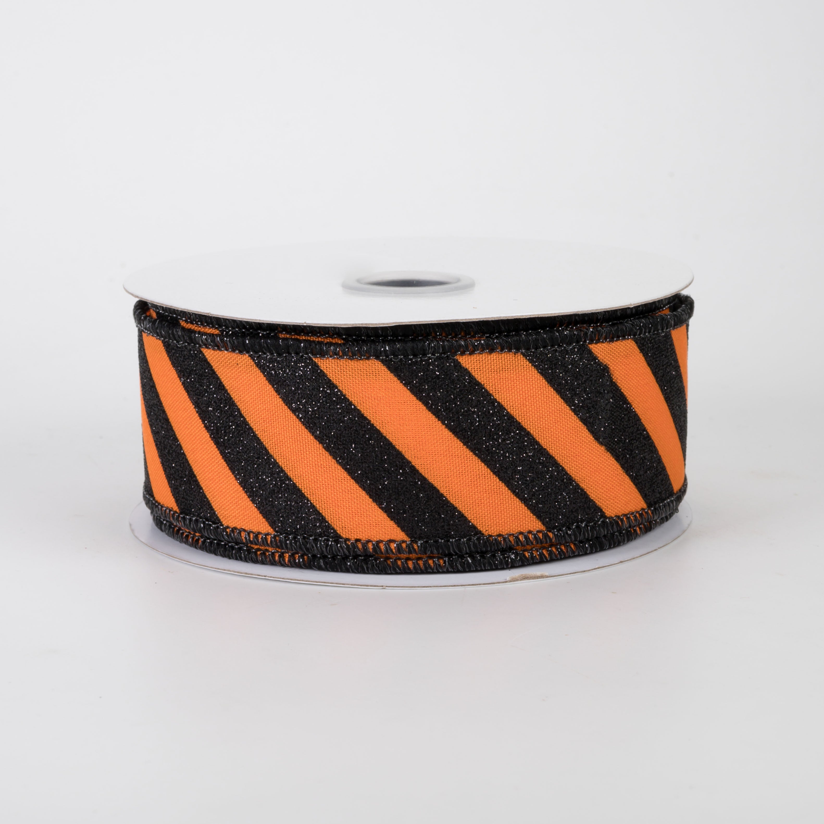 1.5" Diagonal Glitter Stripe Canvas Ribbon: Black on Orange (10 Yards)