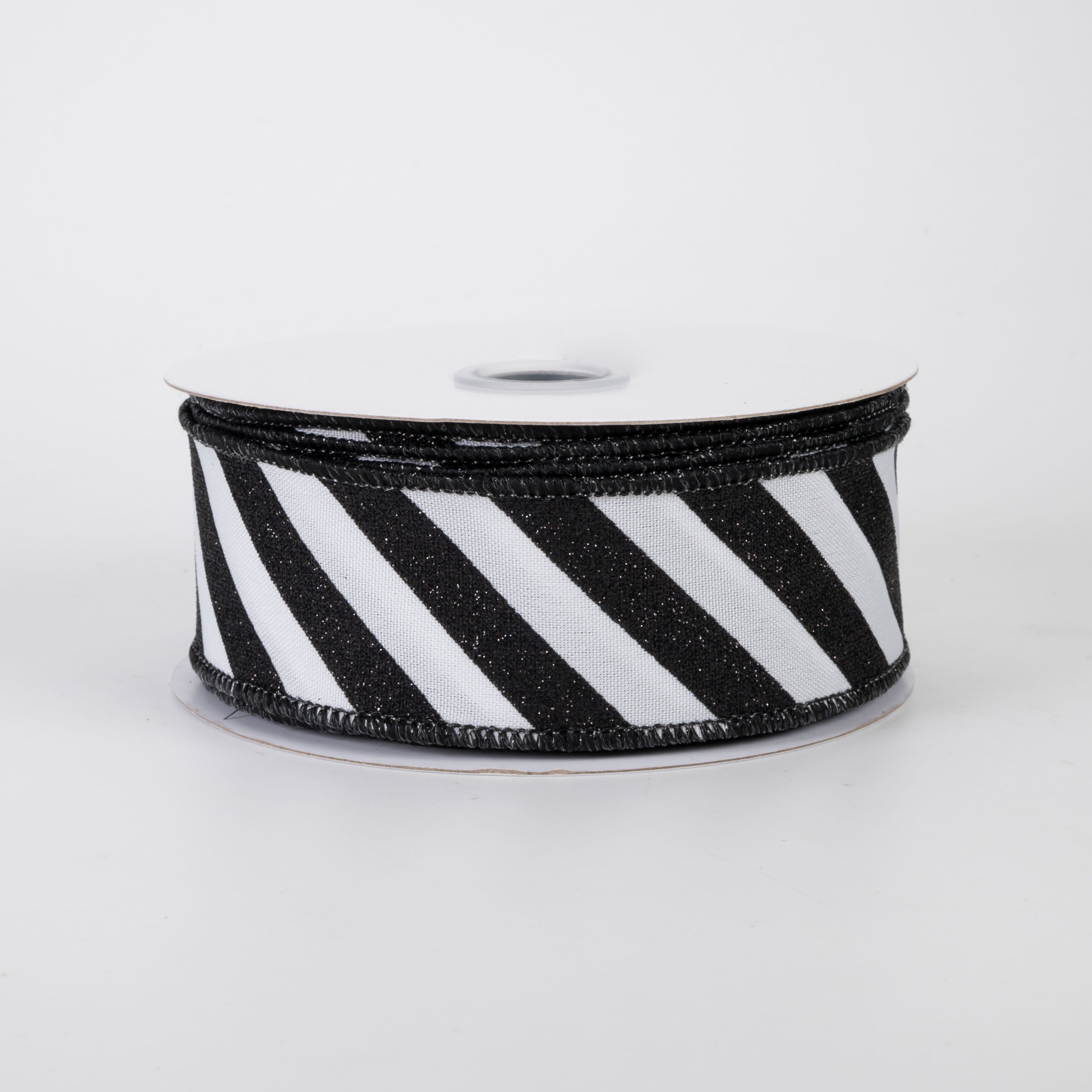 1.5" Diagonal Glitter Stripe Canvas Ribbon: Black on White (10 Yards)