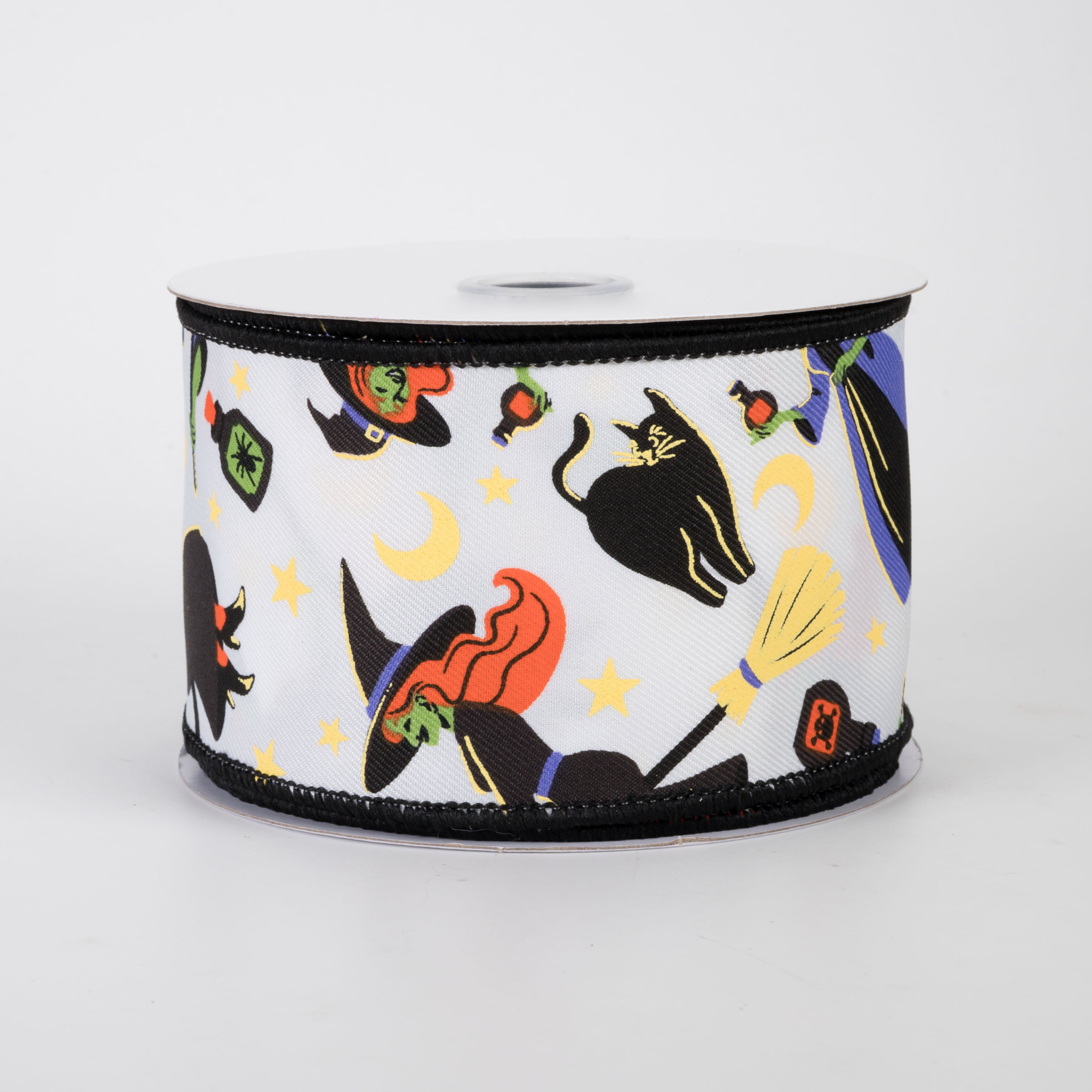 2.5" Vintage Halloween Witches & Cats Ribbon: White (10 Yards)