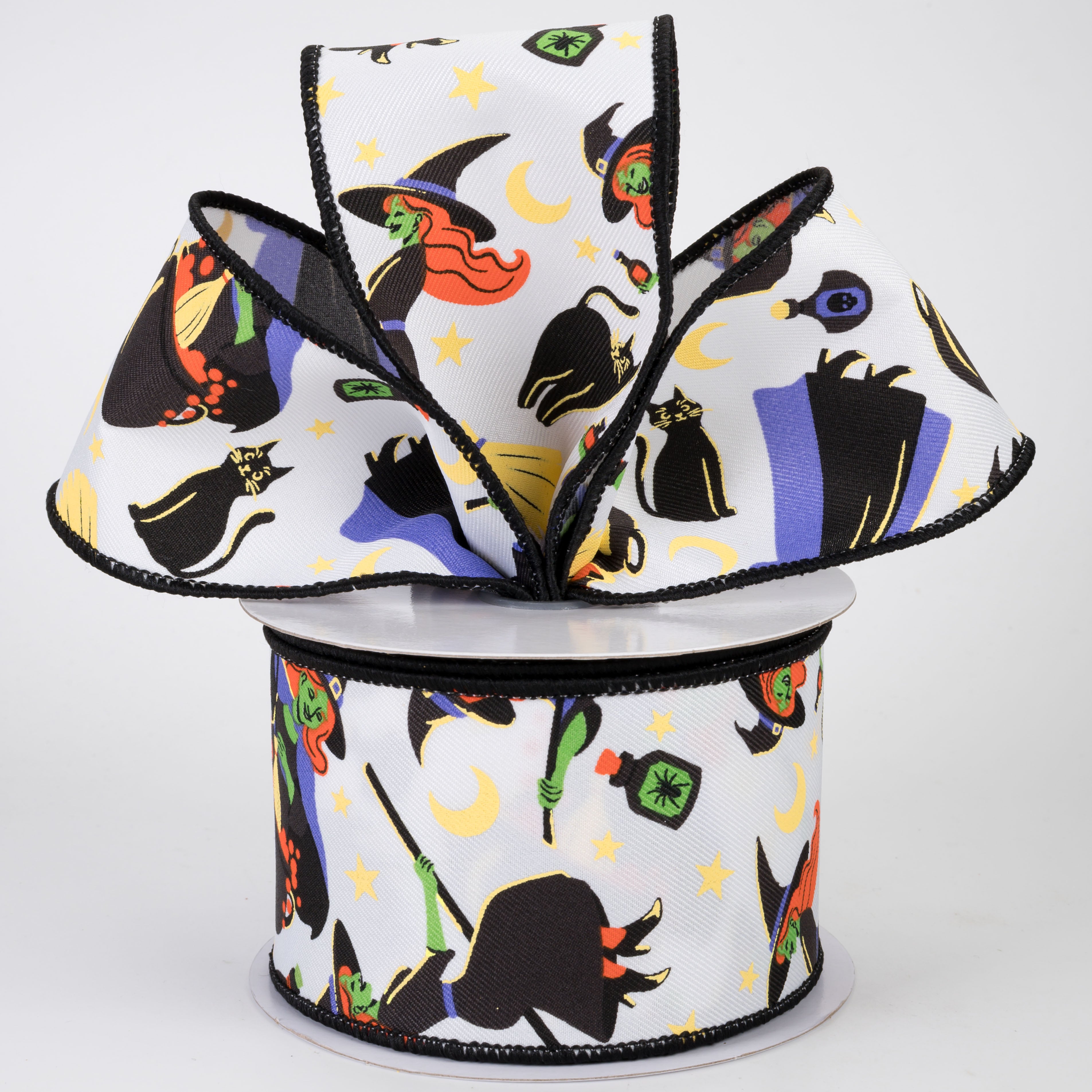 2.5" Vintage Halloween Witches & Cats Ribbon: White (10 Yards)