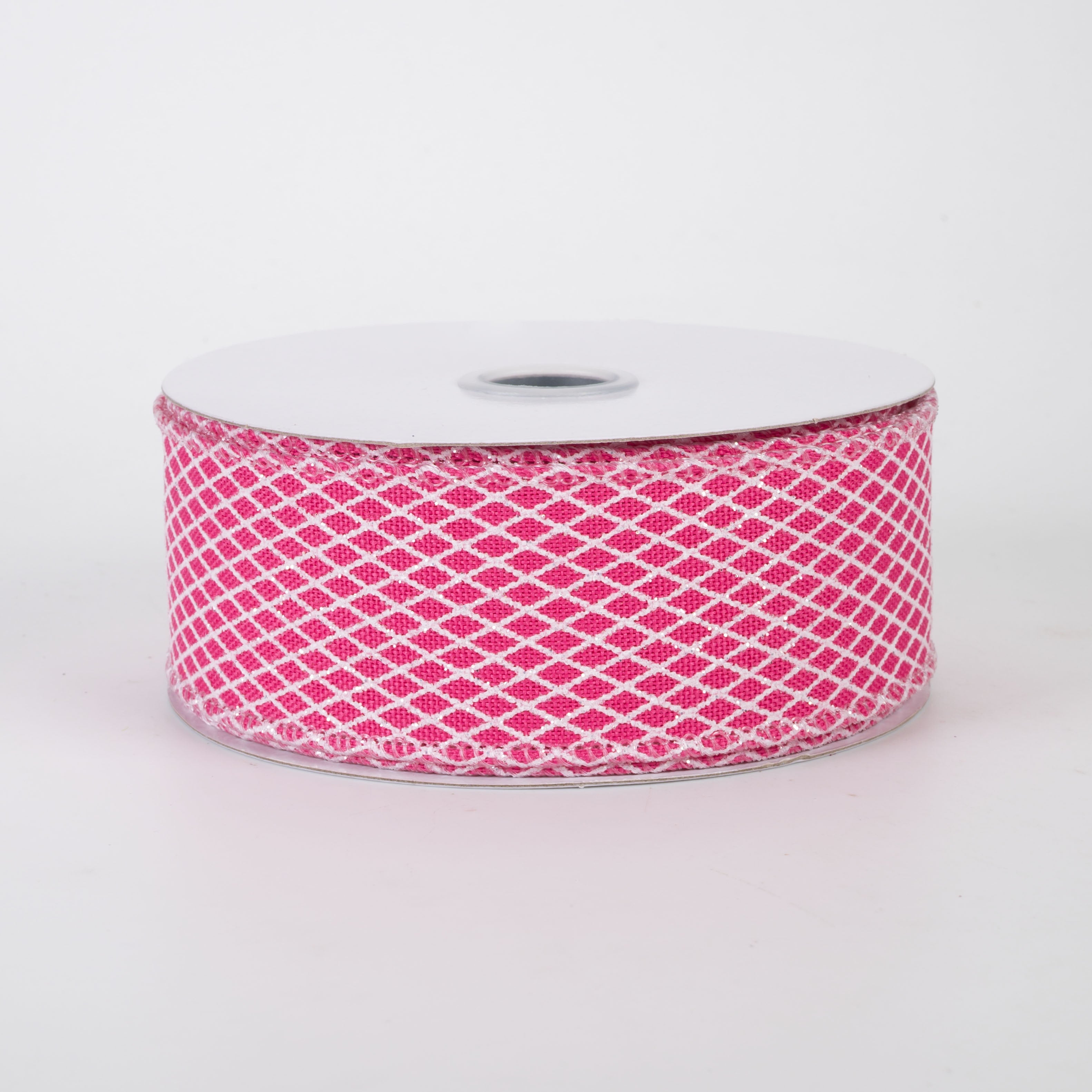 1.5" Mini Glitter Harlequin Ribbon: White on Fuchsia (10 Yards)