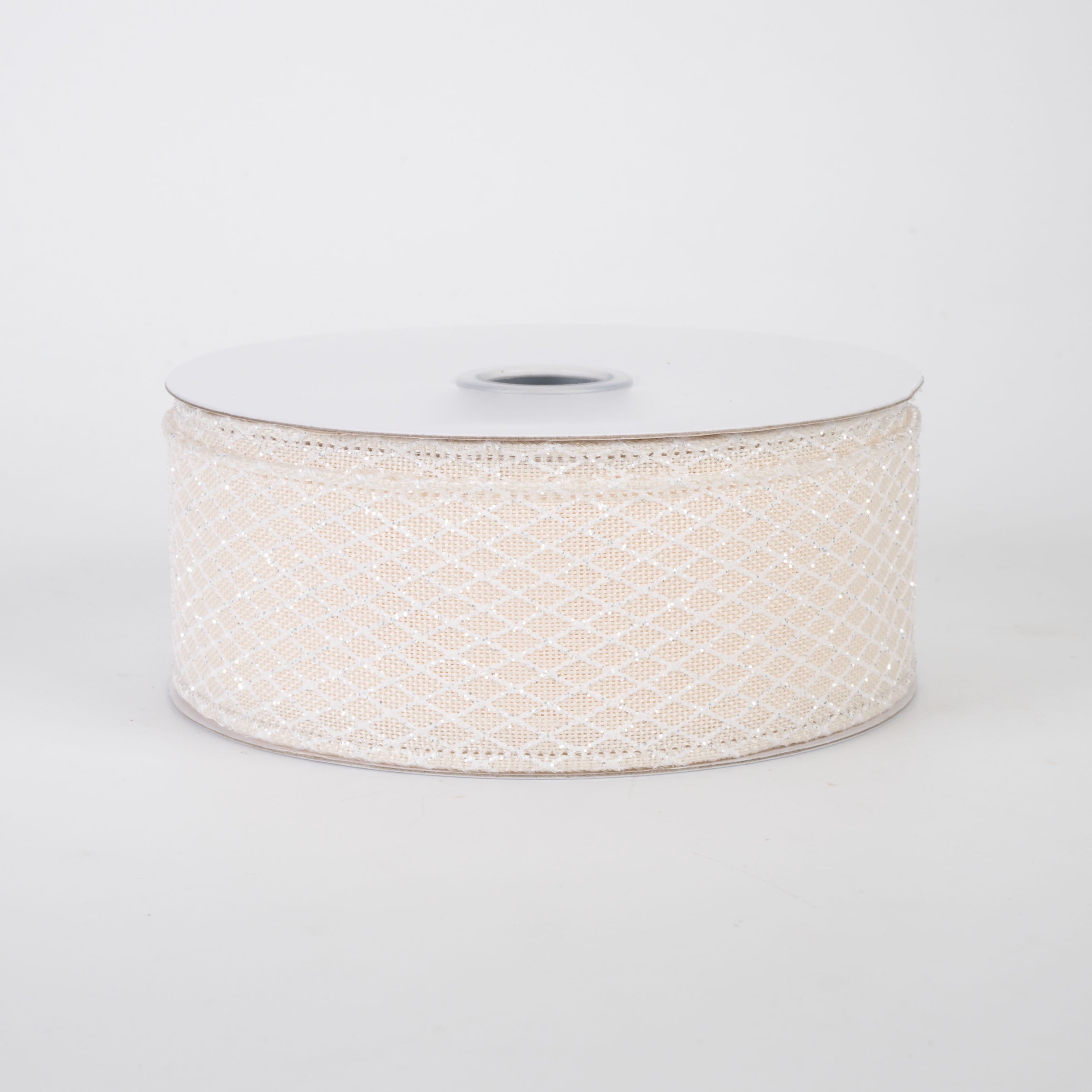 1.5" Mini Glitter Harlequin Ribbon: White on Cream (10 Yards)