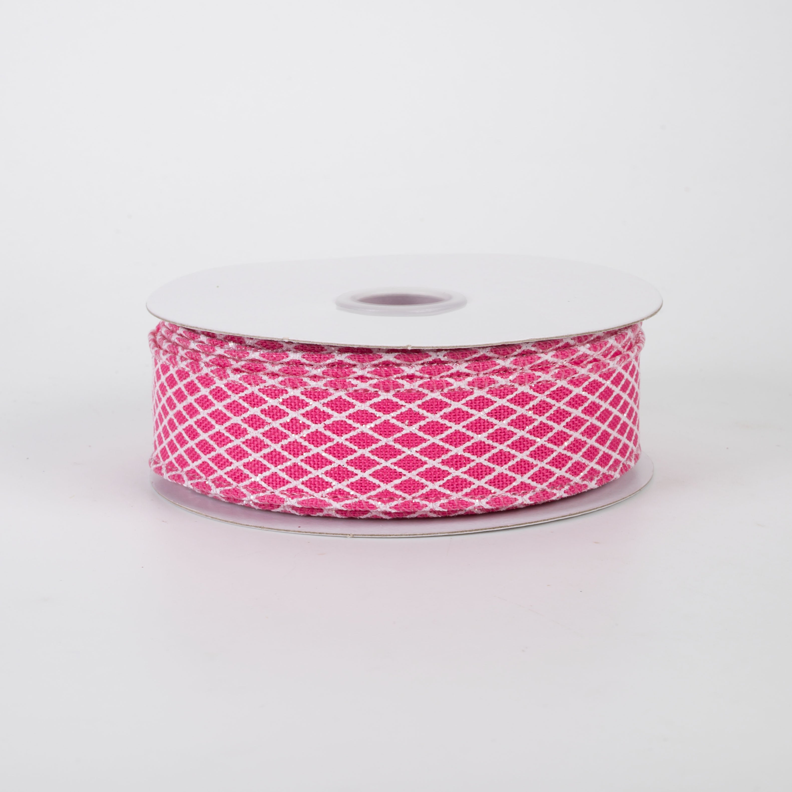 7/8" Mini Glitter Harlequin Ribbon: White on Fuchsia (10 Yards)