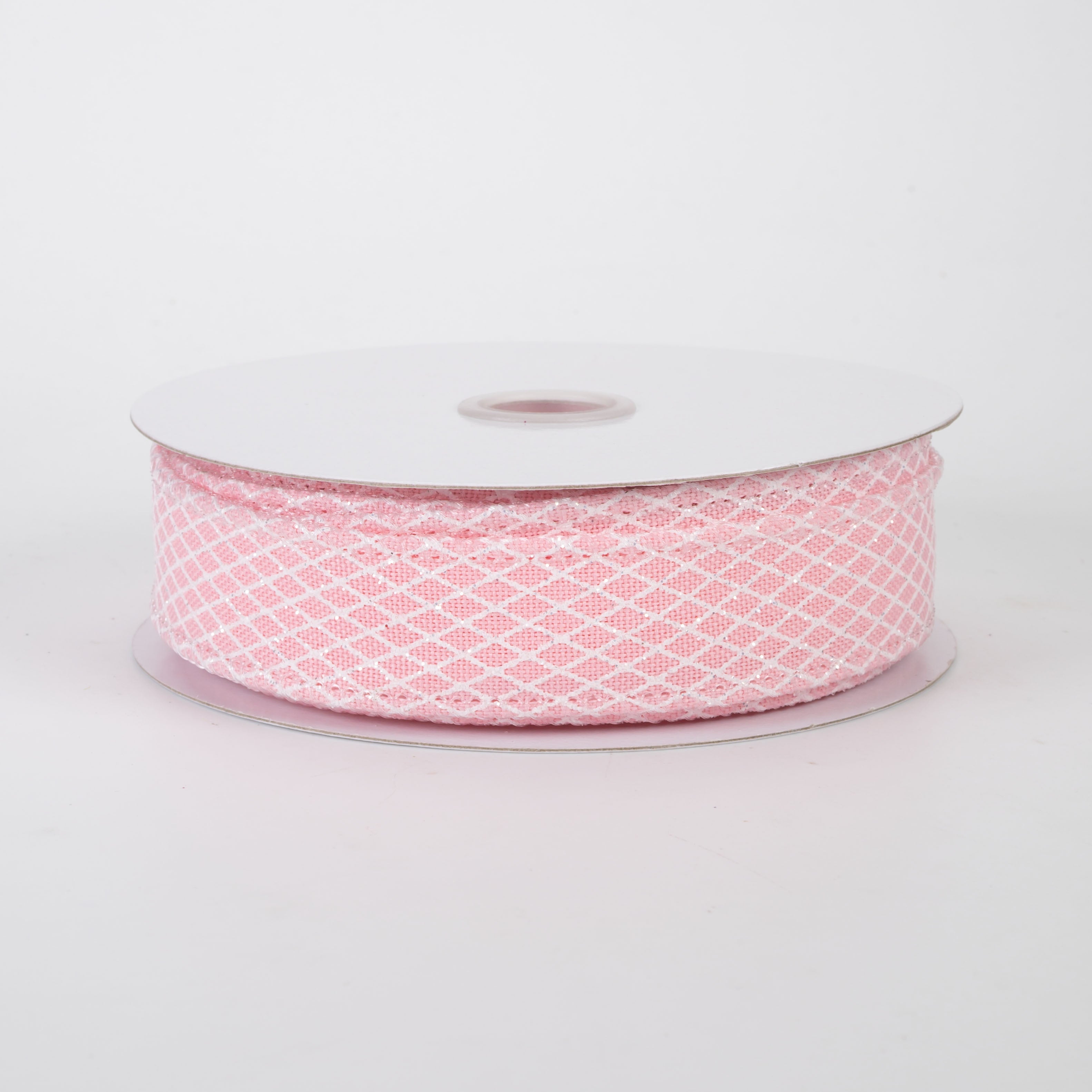 7/8" Mini Glitter Harlequin Ribbon: White on Rose Pink (10 Yards)