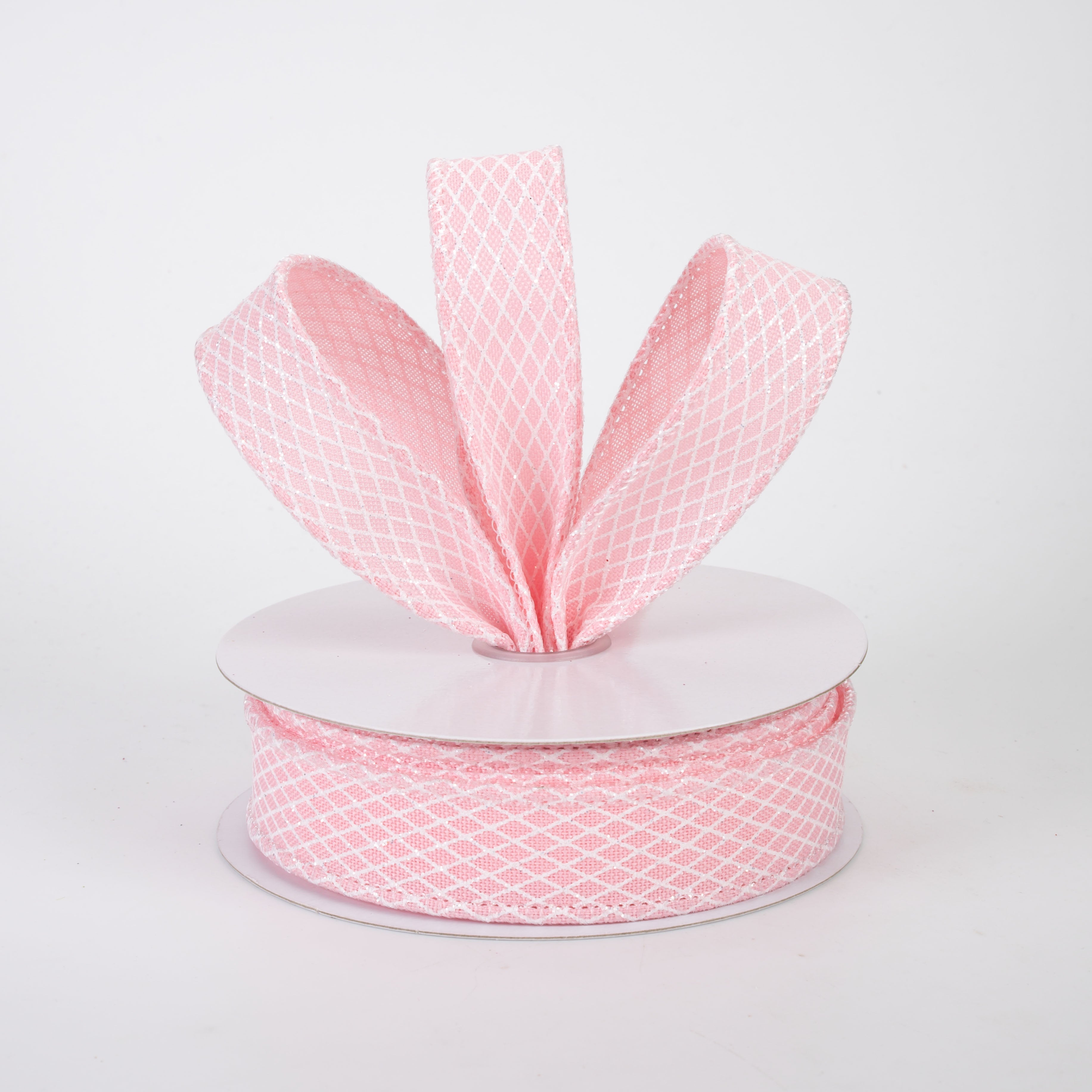 7/8" Mini Glitter Harlequin Ribbon: White on Rose Pink (10 Yards)