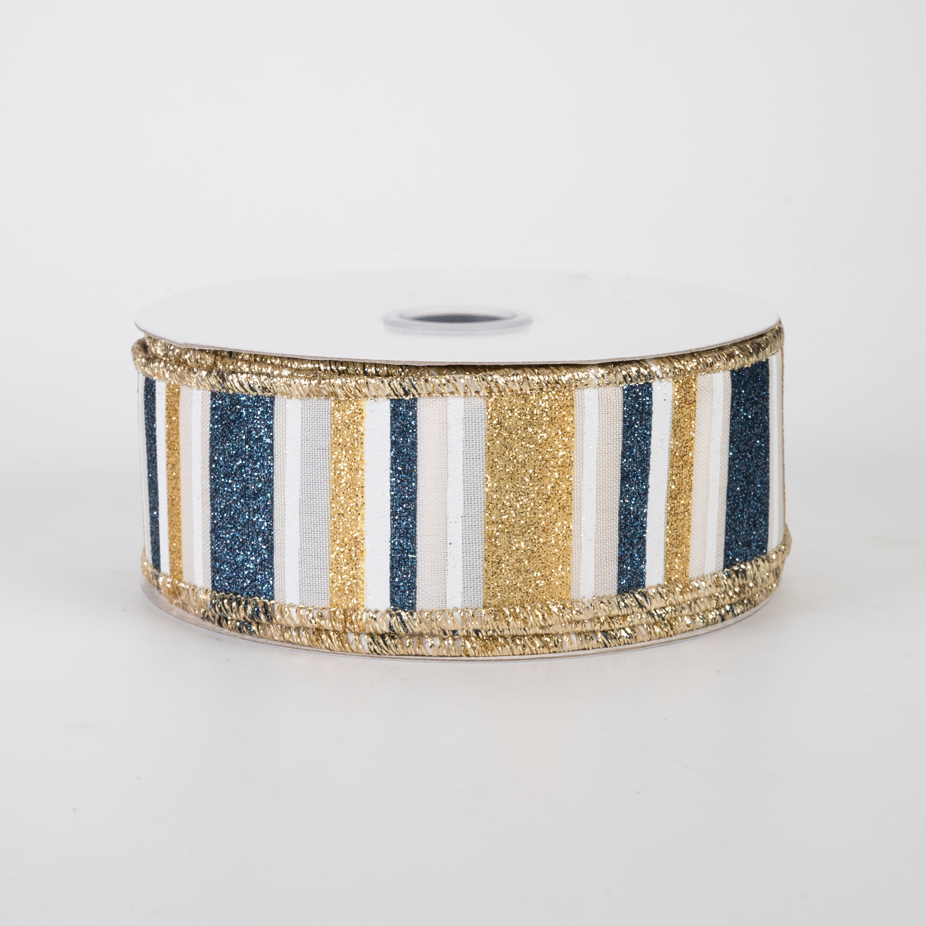 1.5" Multi Glitter Stripes Ribbon: Smoke Blue, Gold, Cream & White (10 Yards)