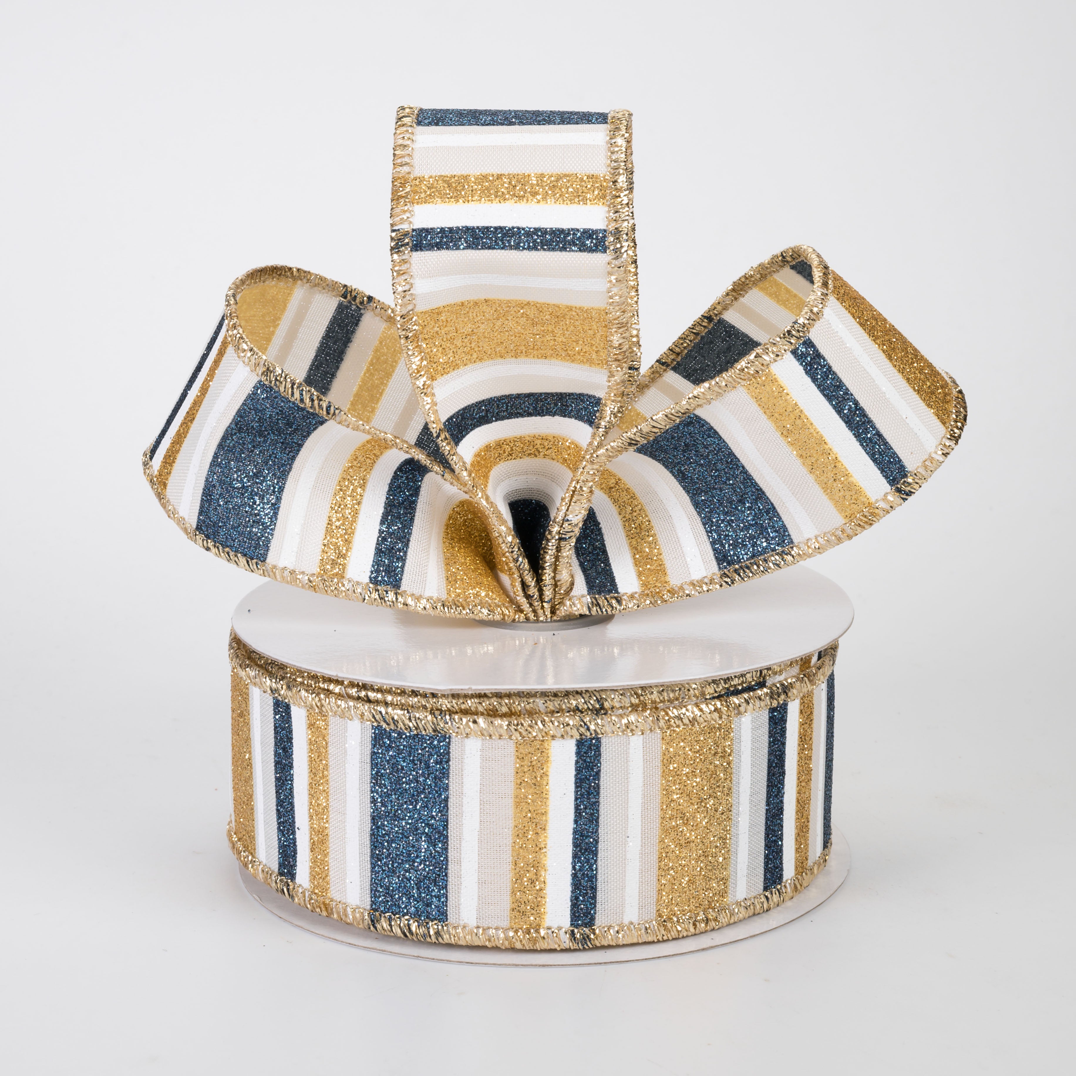 1.5" Multi Glitter Stripes Ribbon: Smoke Blue, Gold, Cream & White (10 Yards)