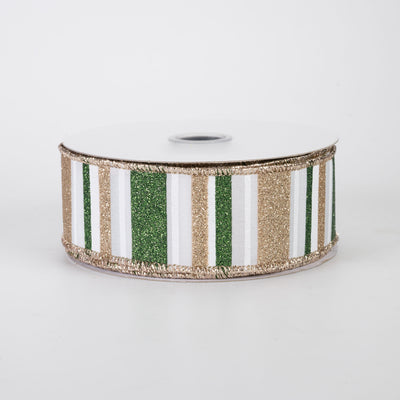 1.5" Multi Glitter Stripes Ribbon: Sage Green, Champagne Gold & White (10 Yards)