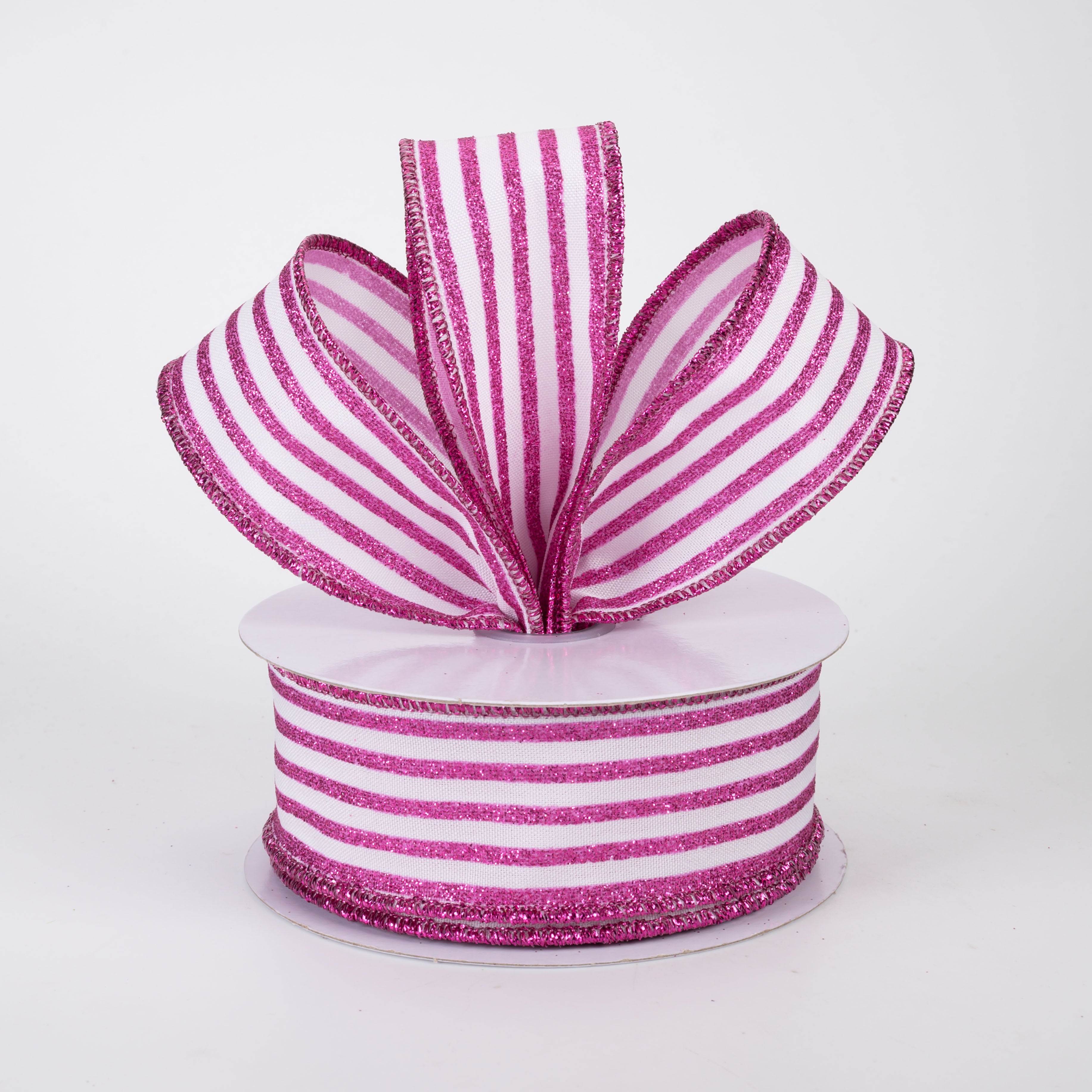 1.5" Glitter Vertical Stripe Ribbon: Hot Pink on White (10 Yards)