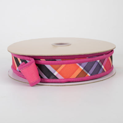 7/8" Double Sided Fused Halloween Plaid Ribbon: Hot Pink, Orange & Purple (10 Yards)