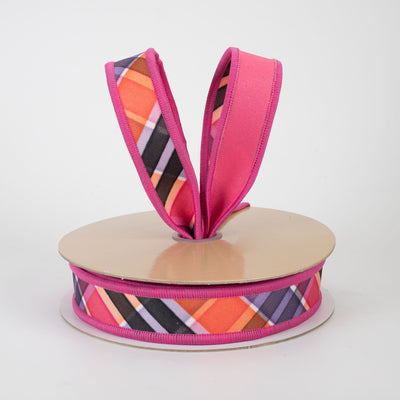 7/8" Double Sided Fused Halloween Plaid Ribbon: Hot Pink, Orange & Purple (10 Yards)