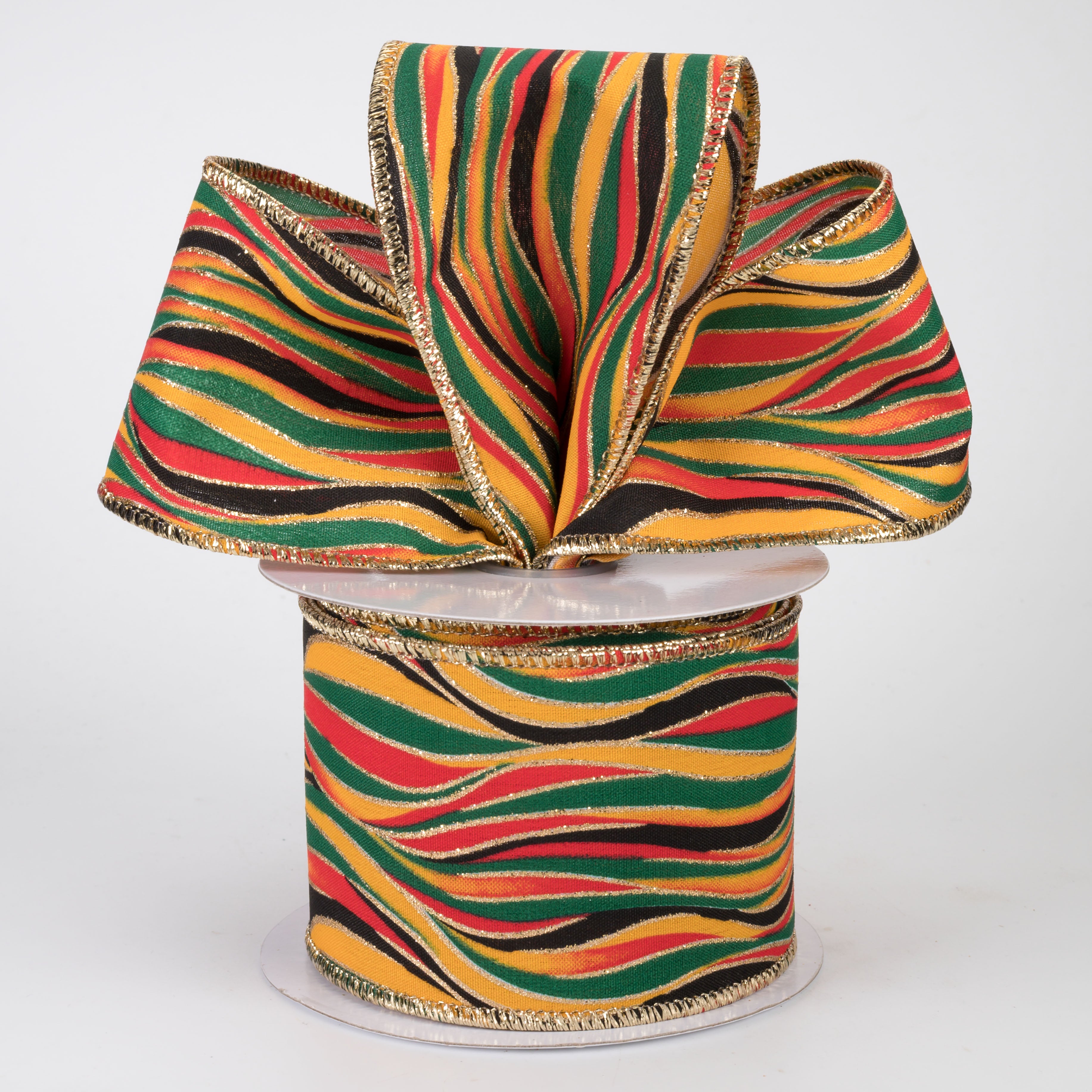 2.5" Glittered Wavy Stripes Ribbon: Black, Red, Green, Yellow (10 Yards)