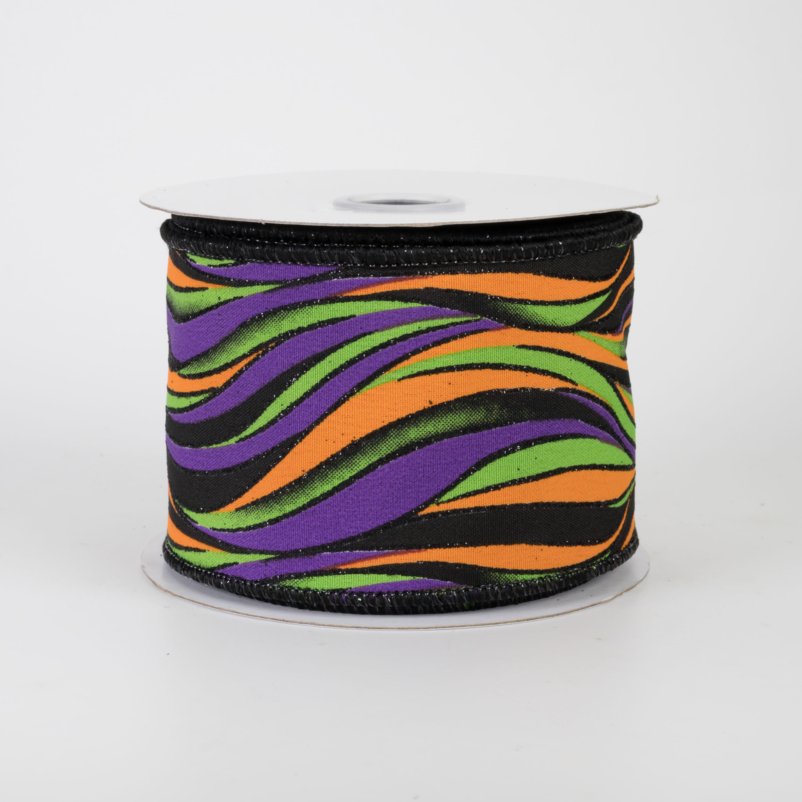 2.5" Glittered Wavy Stripes Ribbon: Purple & Lime Halloween (10 Yards)
