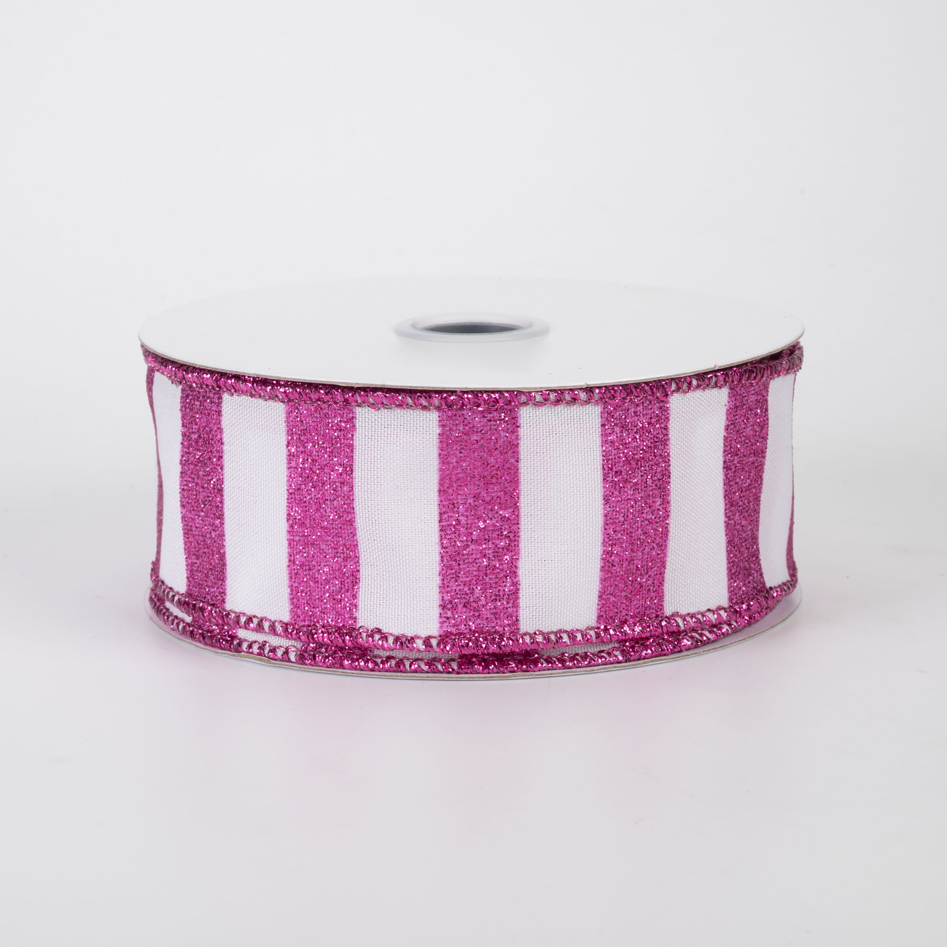 1.5" Horizontal Glitter Stripes Ribbon: Hot Pink on White (10 Yards)