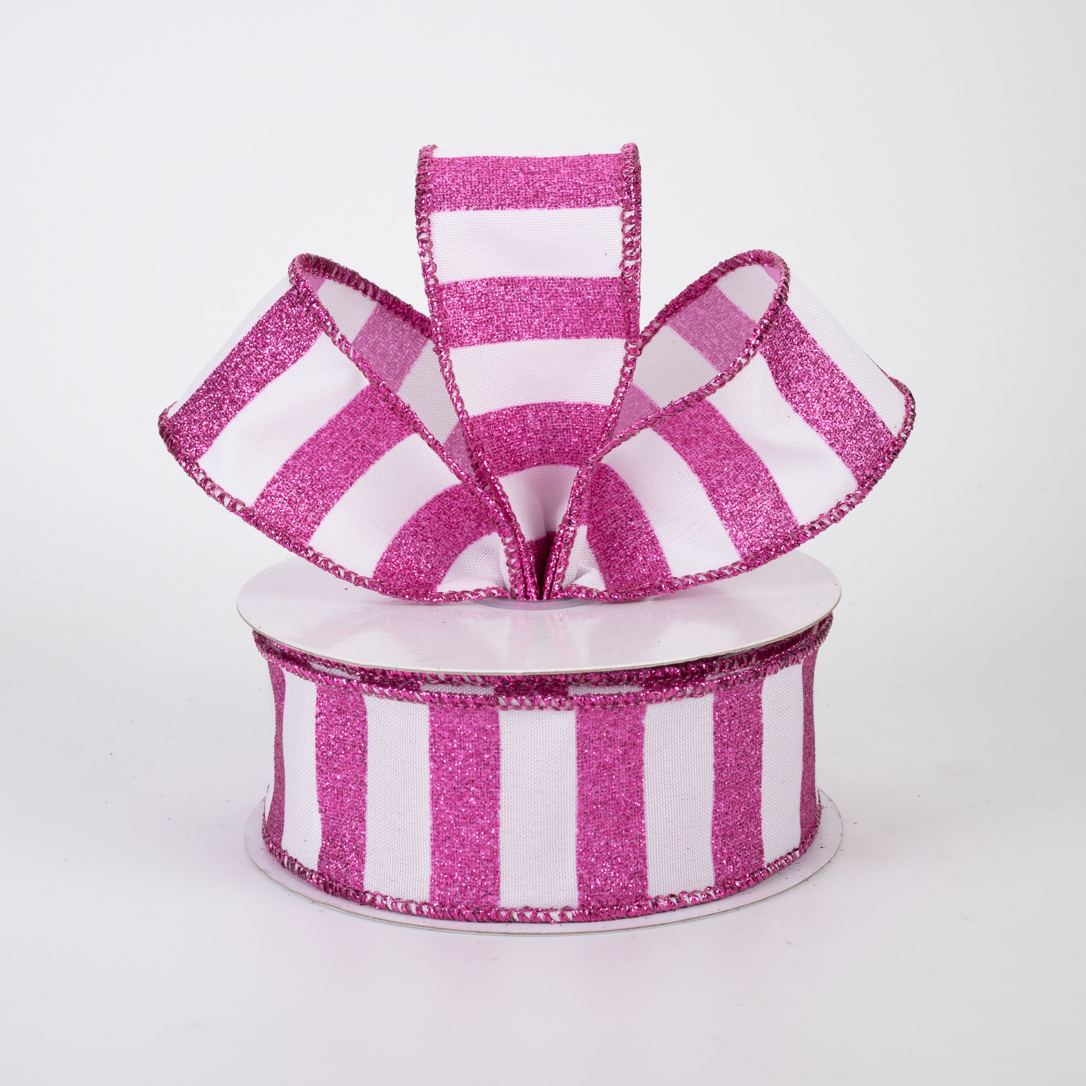 1.5" Horizontal Glitter Stripes Ribbon: Hot Pink on White (10 Yards)