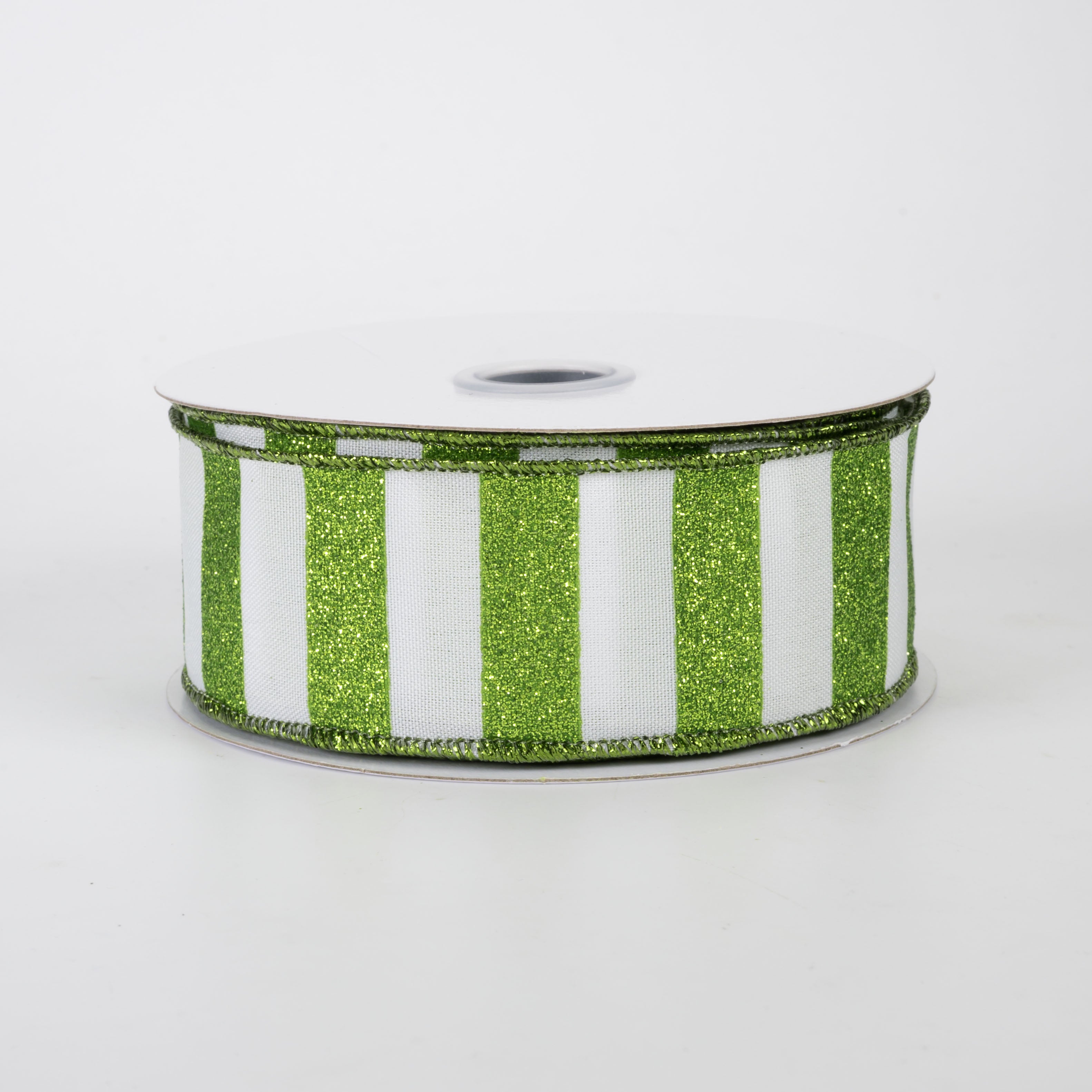 1.5" Horizontal Glitter Stripes Ribbon: Lime Green on White (10 Yards)