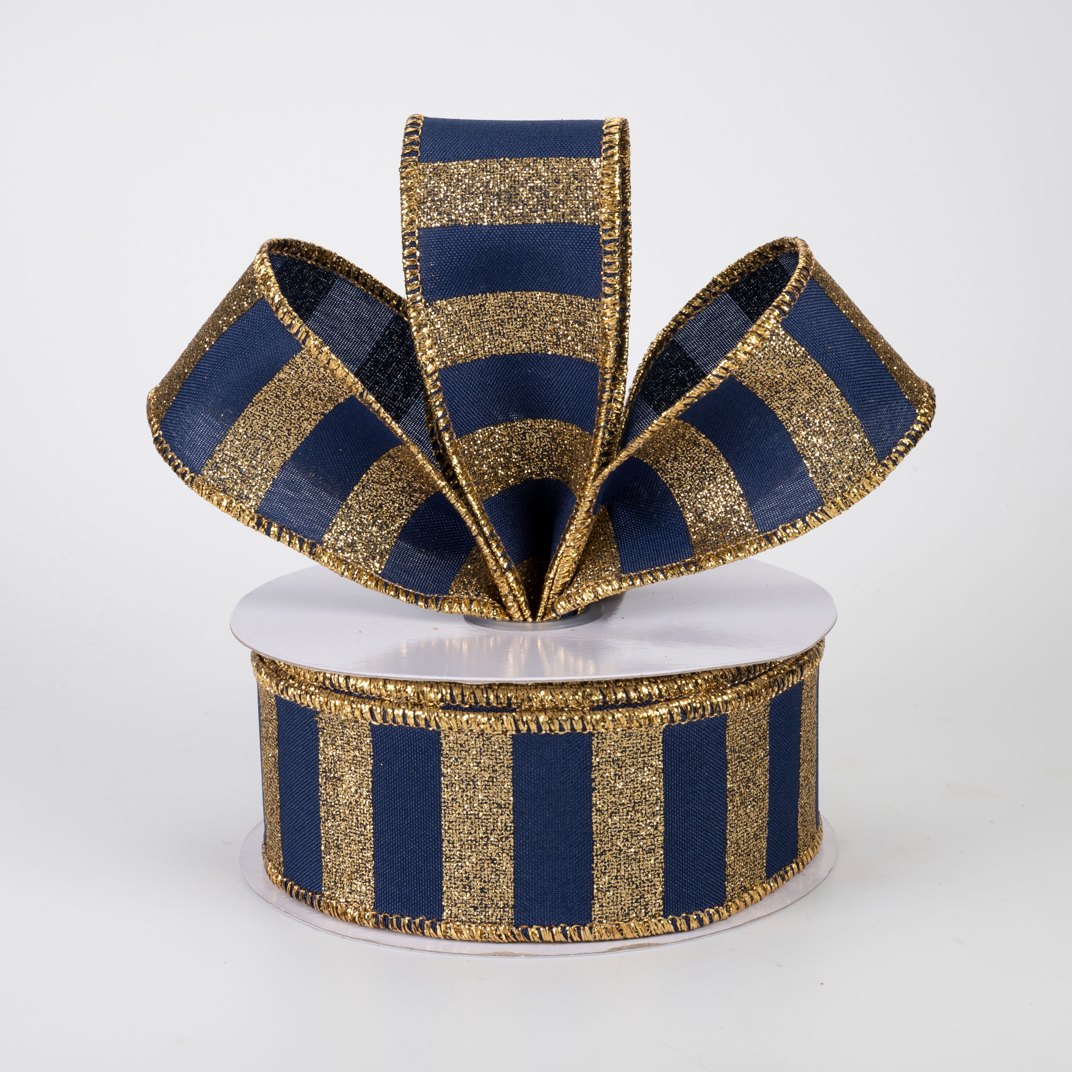 1.5" Horizontal Glitter Stripes Ribbon: Gold on Navy Blue (10 Yards)