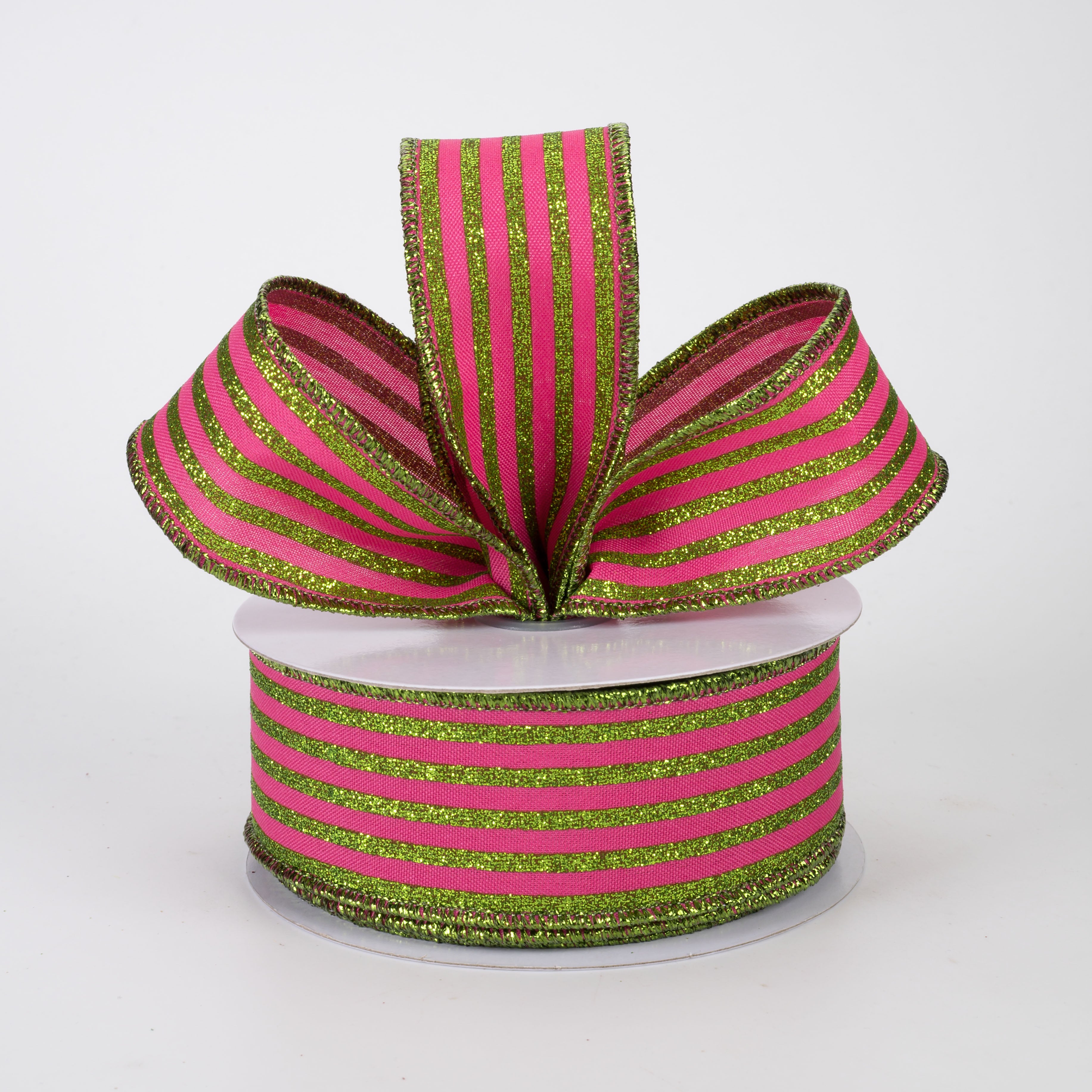 1.5" Glitter Vertical Stripe Ribbon: Lime Green on Hot Pink (10 Yards)