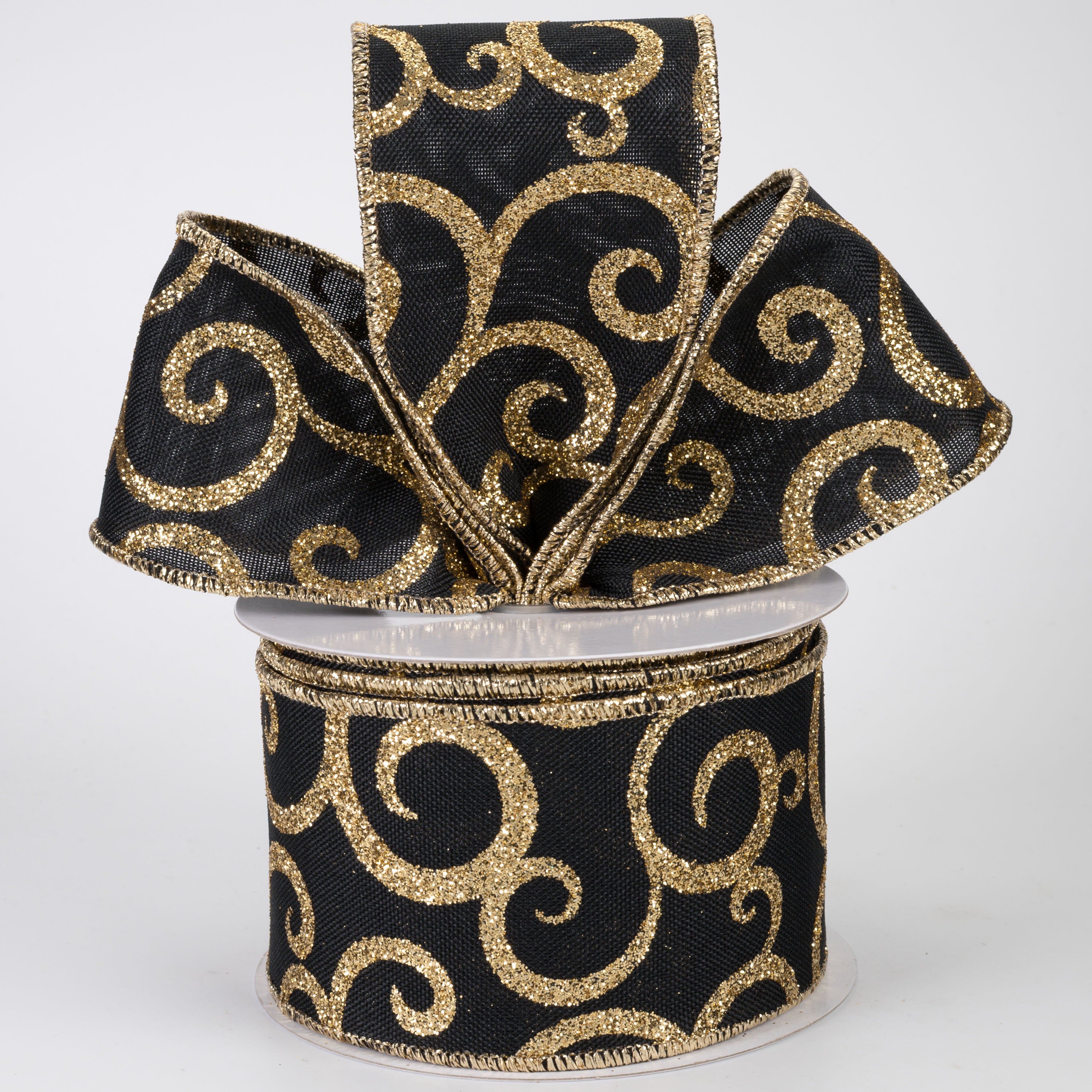 2.5" Glittered Scroll Ribbon: Black & Gold (10 Yards)
