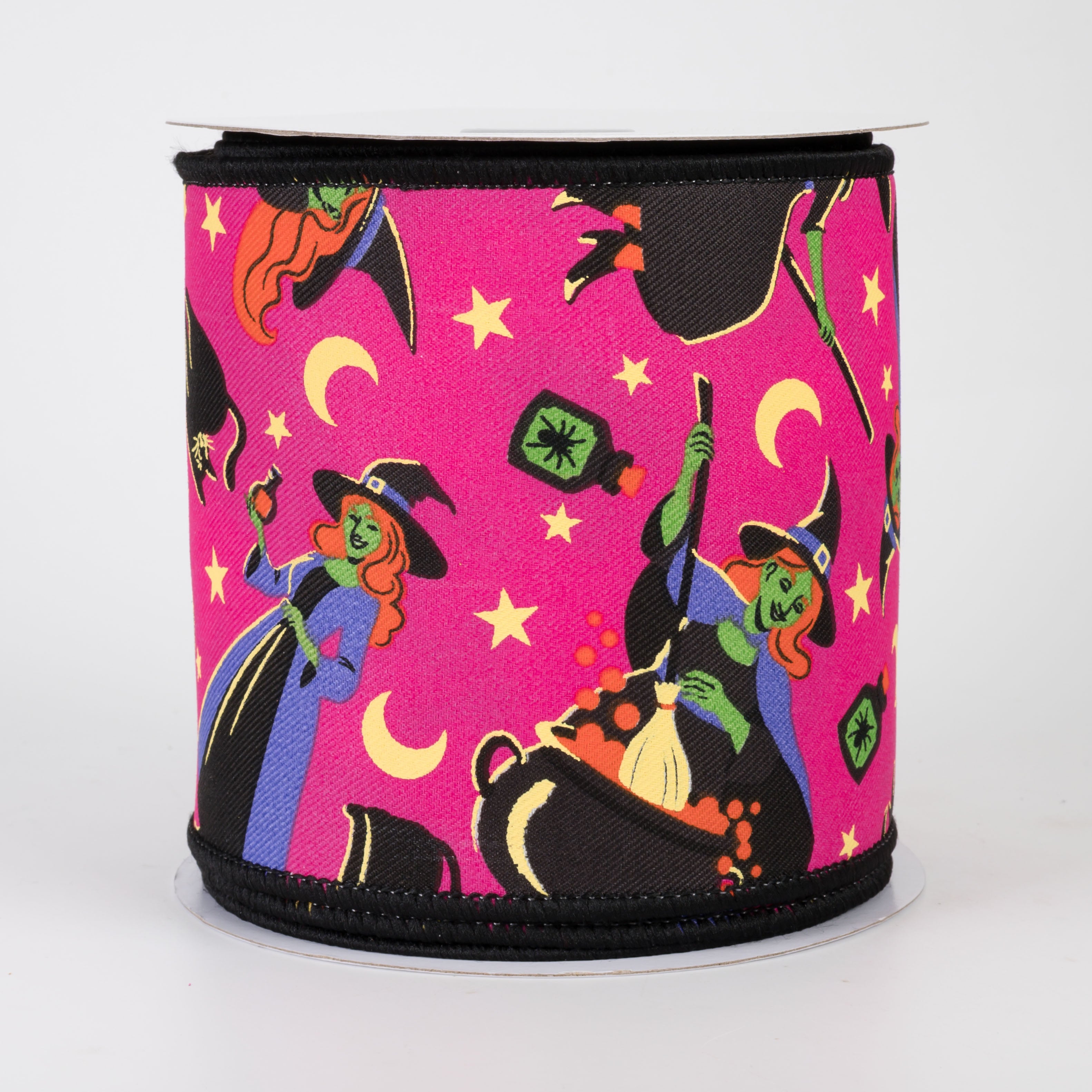 4" Vintage Halloween Witches & Cats Ribbon: Hot Pink (10 Yards)