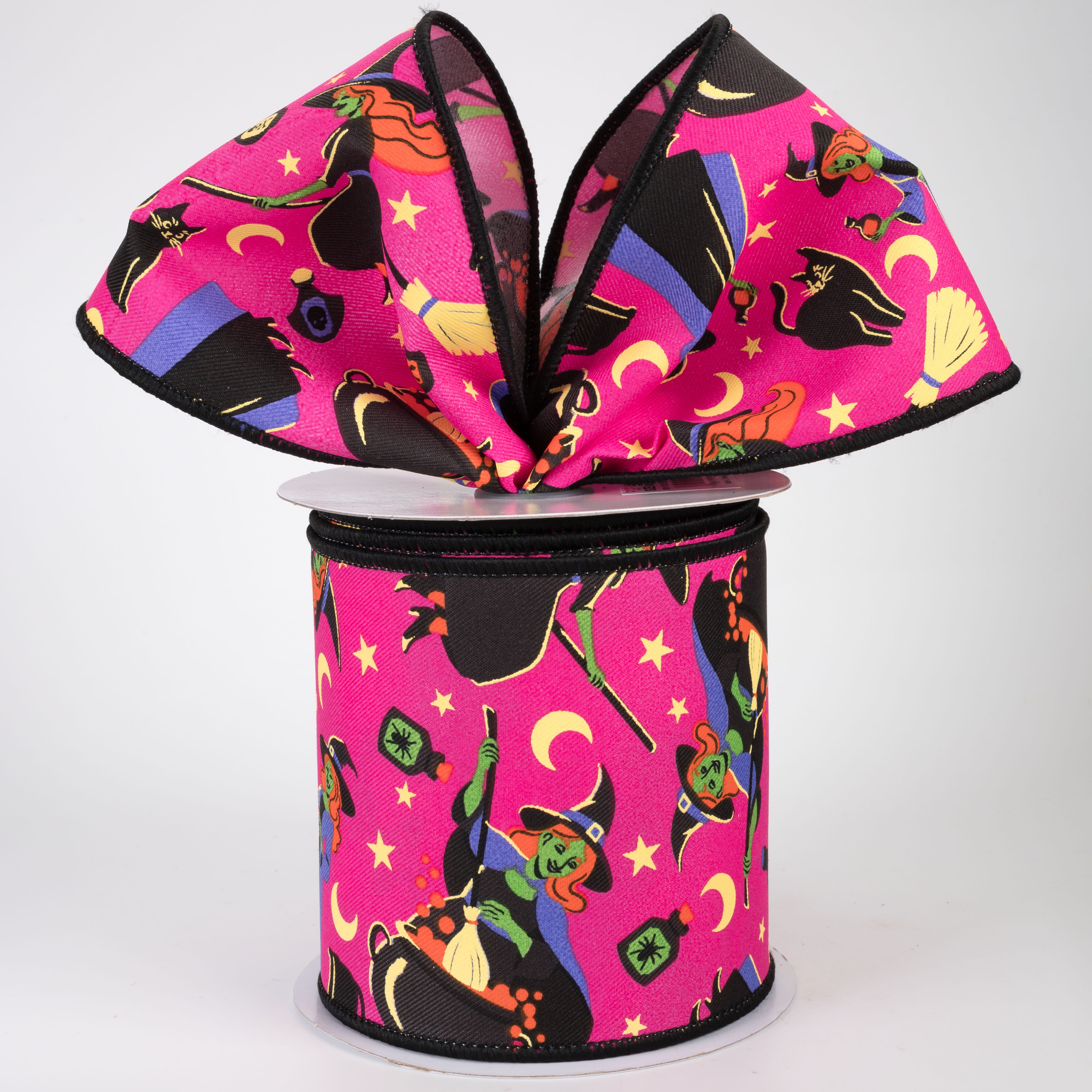 4" Vintage Halloween Witches & Cats Ribbon: Hot Pink (10 Yards)