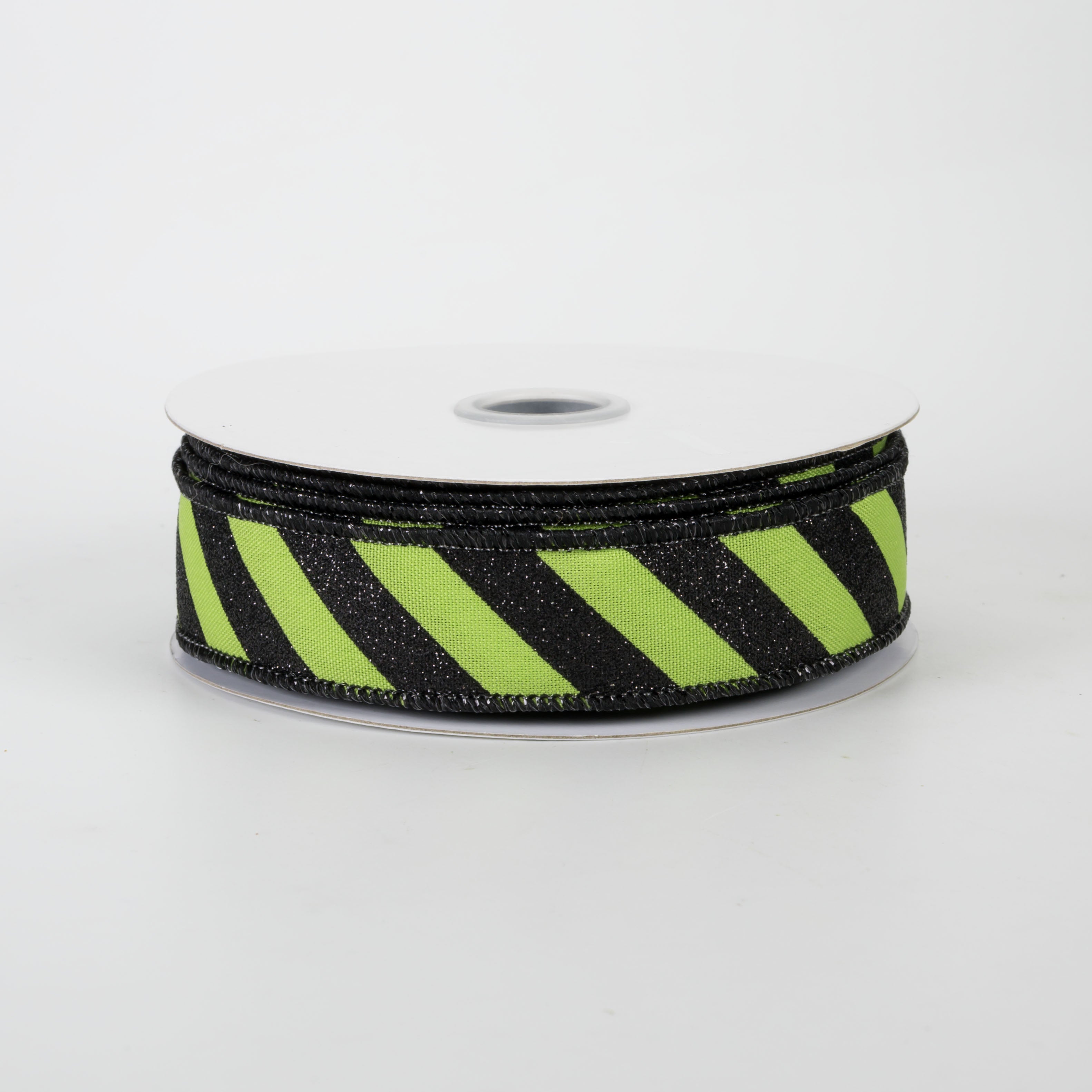 7/8" Diagonal Glitter Stripe Canvas Ribbon: Black on Lime Green (10 Yards)