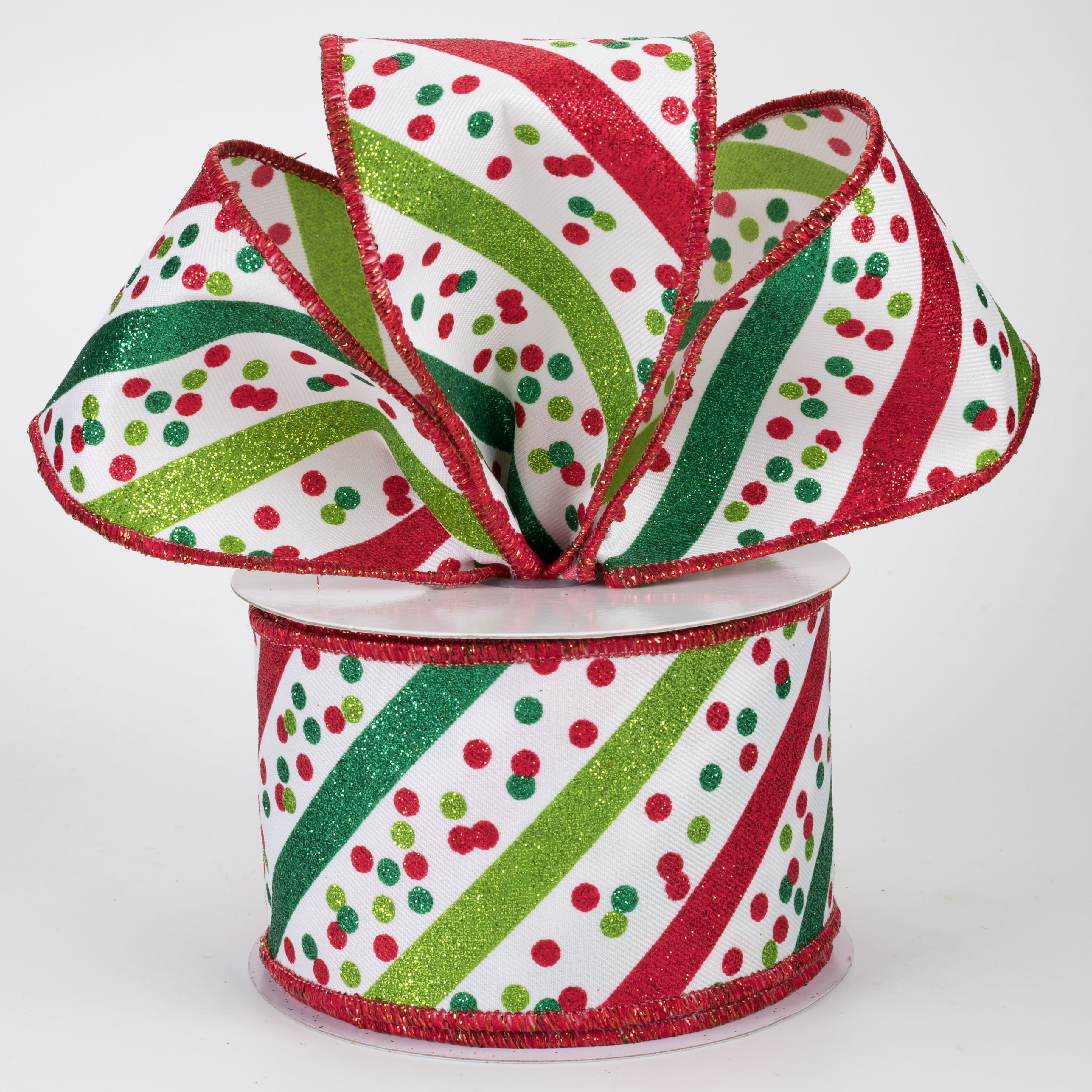2.5" Diagonal Glitter Stripes & Confetti Dots Ribbon: White, Green & Red (10 Yards)