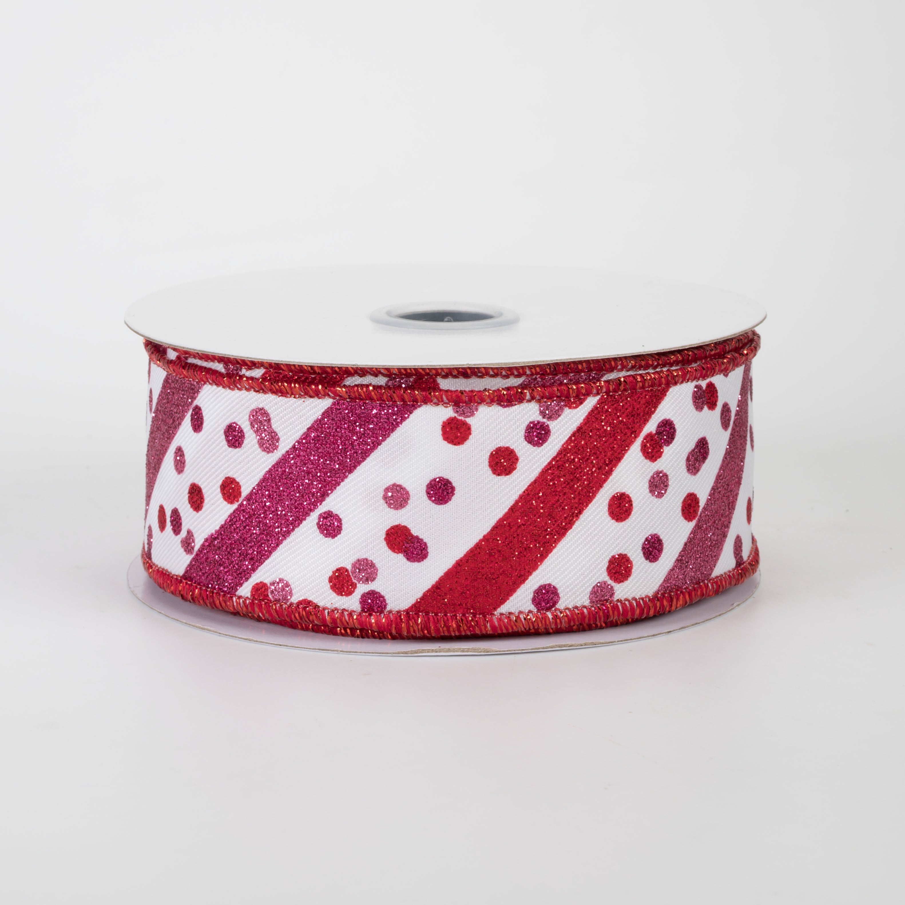 1.5" Diagonal Glitter Stripes & Confetti Dots Ribbon: White, Pink & Red (10 Yards)
