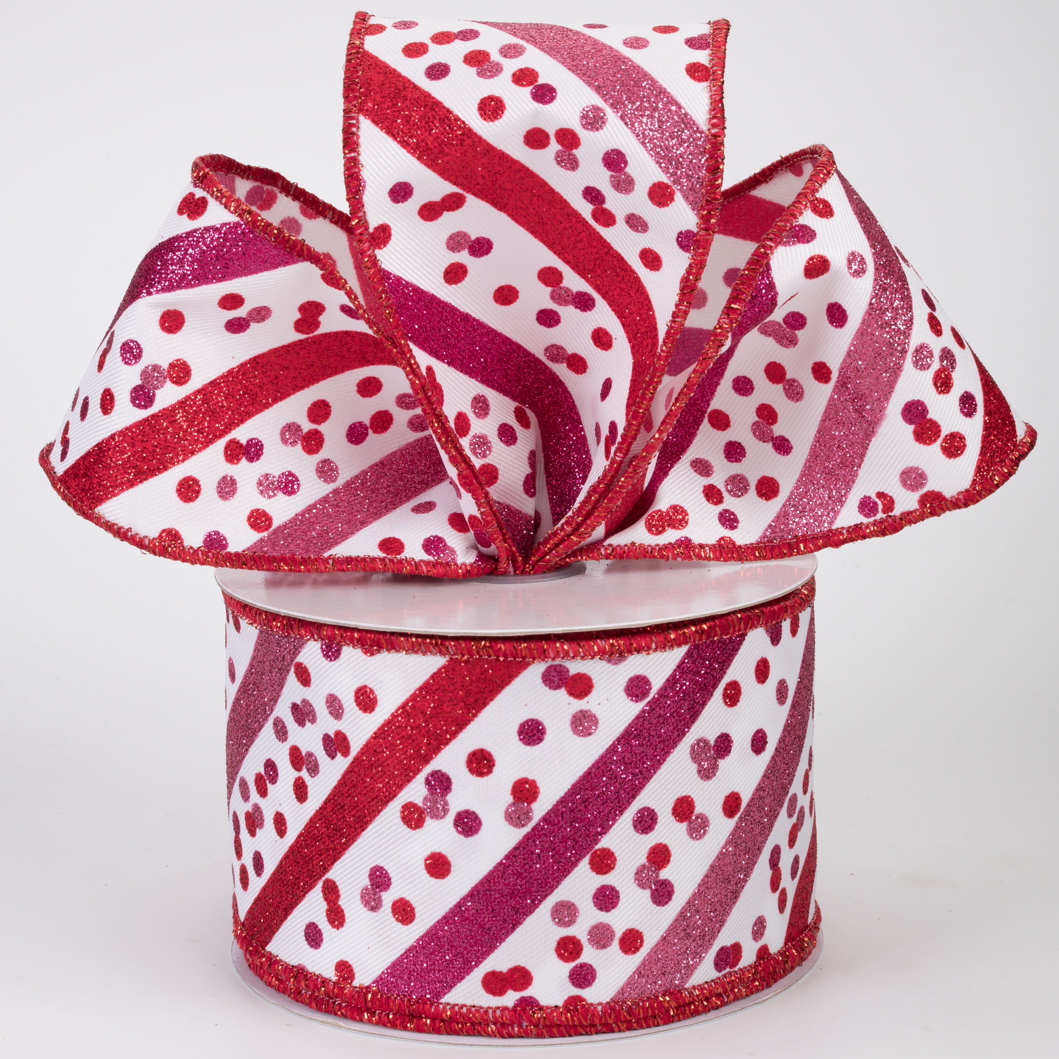 2.5" Diagonal Glitter Stripes & Confetti Dots Ribbon: White, Pink & Red (10 Yards)