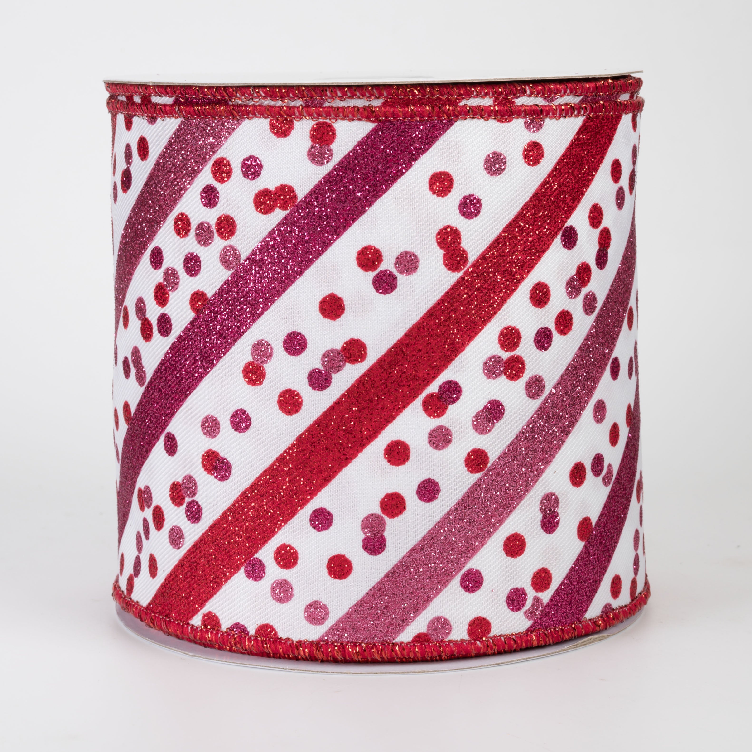 4" Diagonal Glitter Stripes & Confetti Dots Ribbon: White, Pink & Red (10 Yards)
