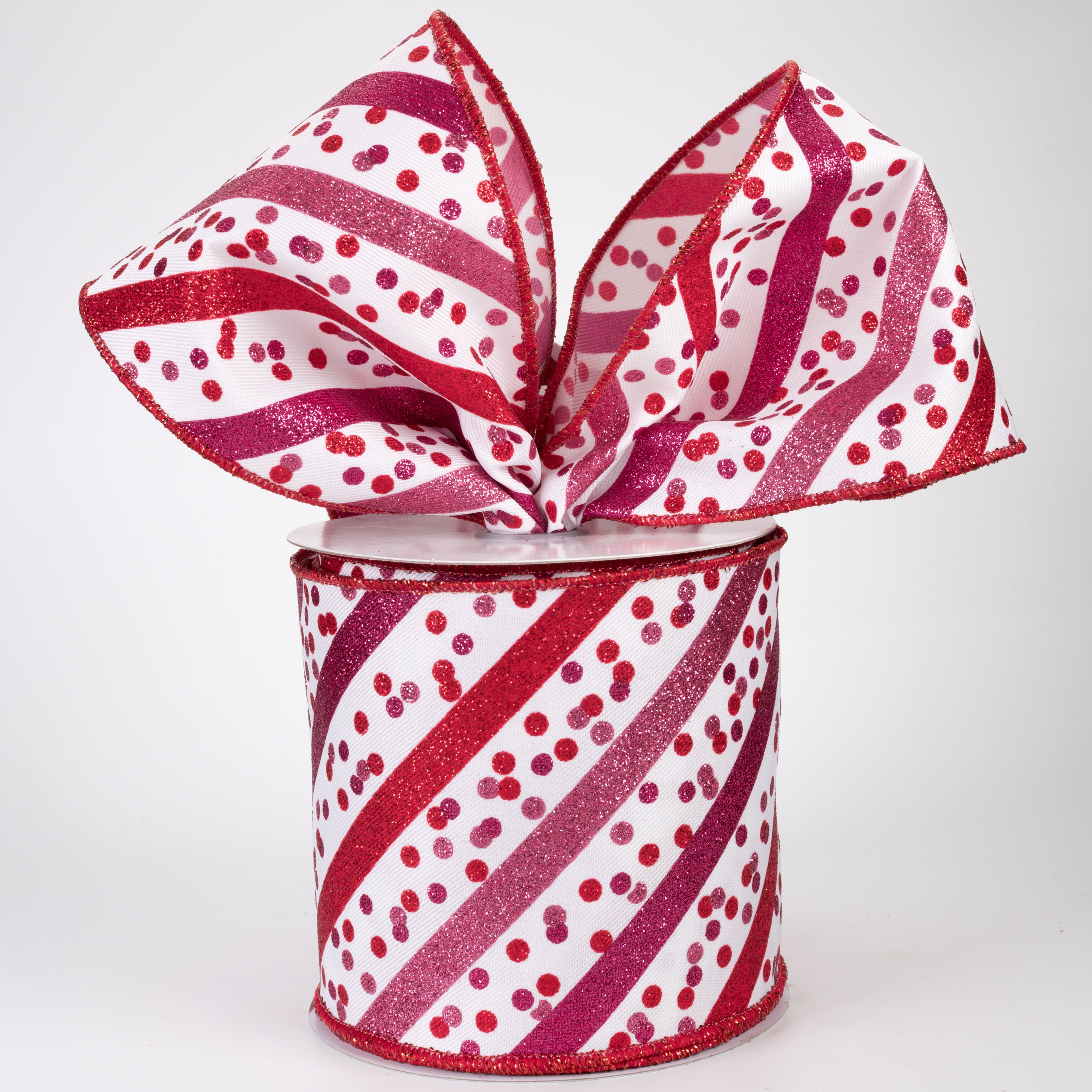 4" Diagonal Glitter Stripes & Confetti Dots Ribbon: White, Pink & Red (10 Yards)