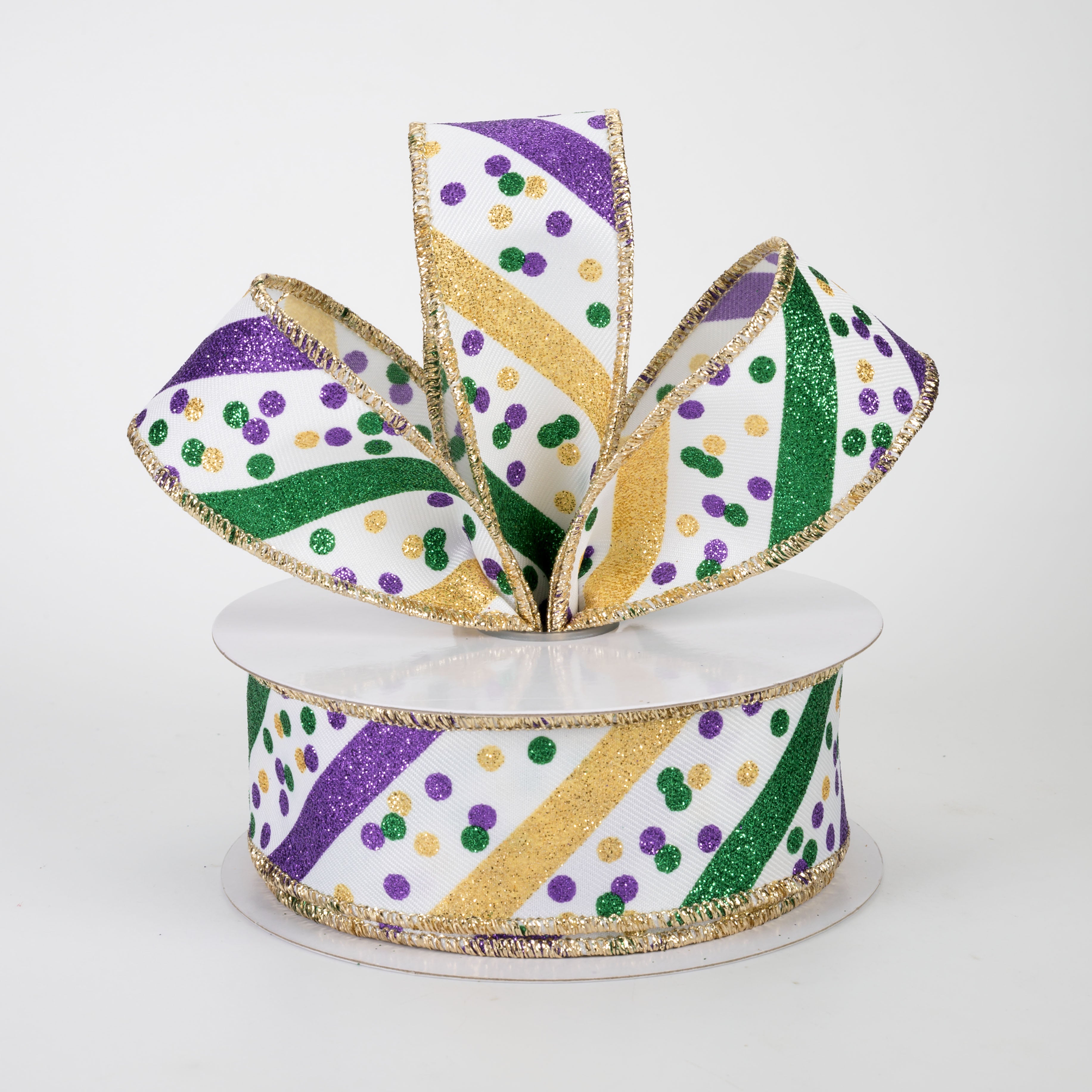 1.5" Diagonal Glitter Stripes & Confetti Dots Ribbon: Mardi Gras (10 Yards)