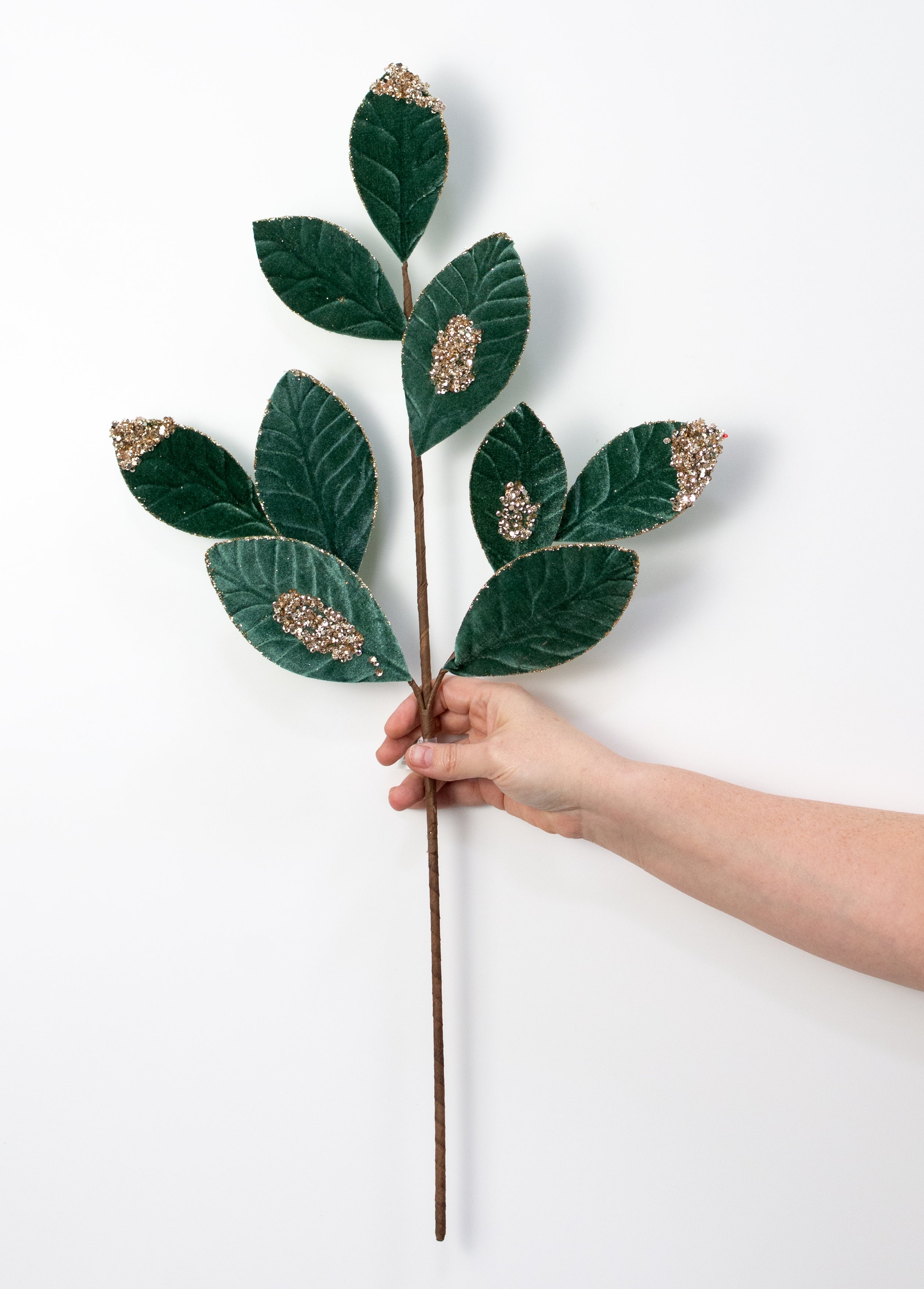 27" Velvet Glittered Leaf Spray: Sage Green