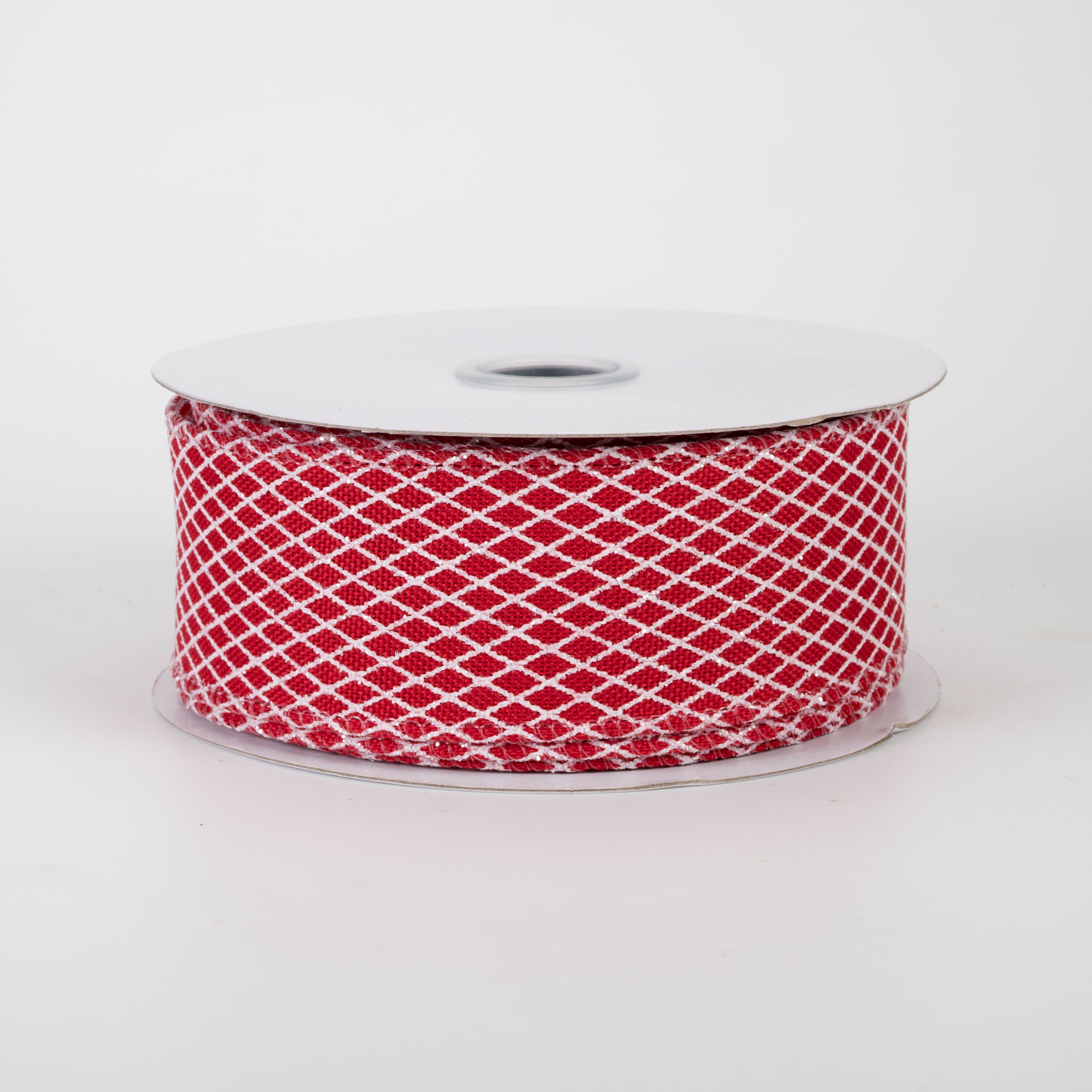 1.5" Mini Glitter Harlequin Ribbon: White on Red (10 Yards)