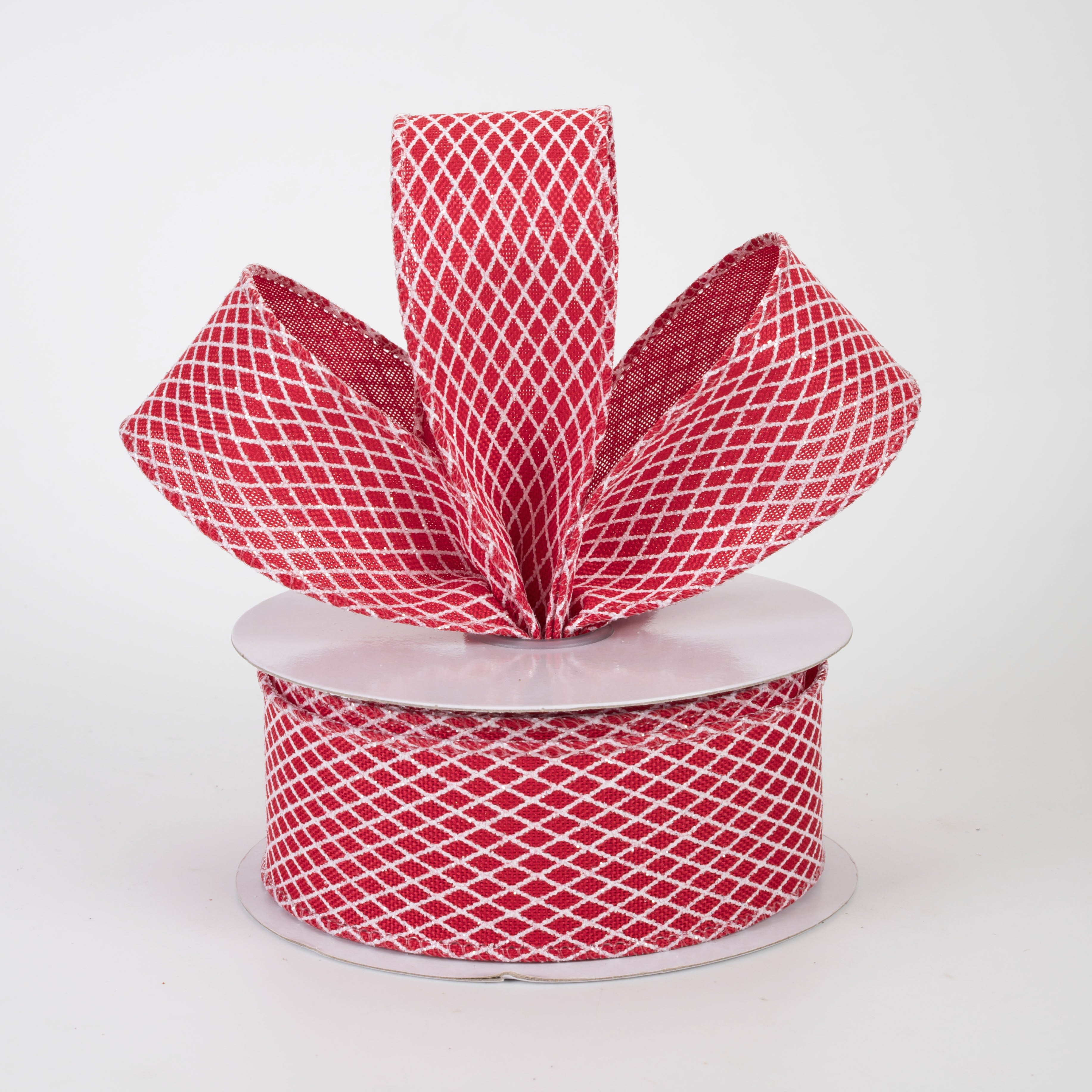 1.5" Mini Glitter Harlequin Ribbon: White on Red (10 Yards)