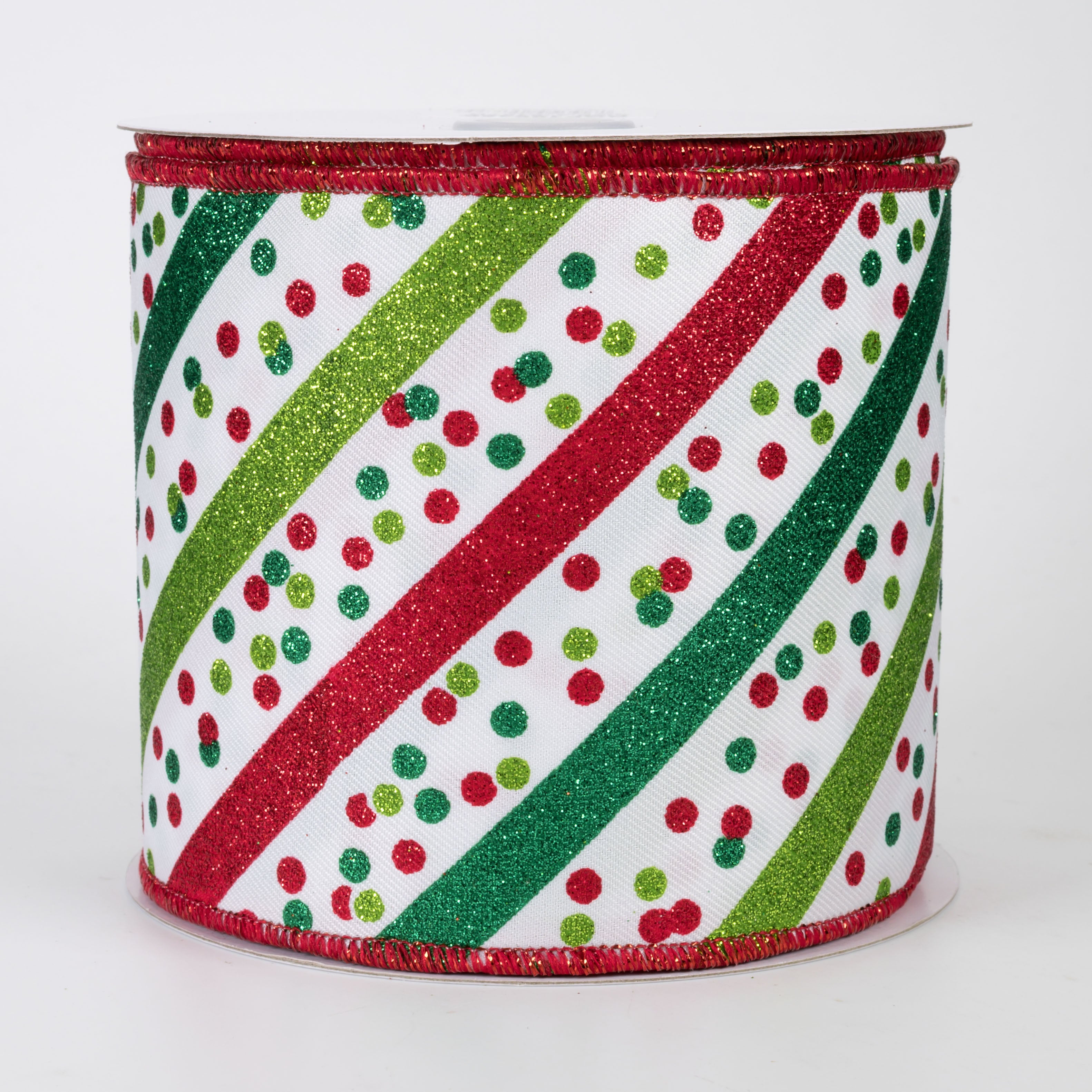 4" Diagonal Glitter Stripes & Confetti Dots Ribbon: White, Green & Red (10 Yards)