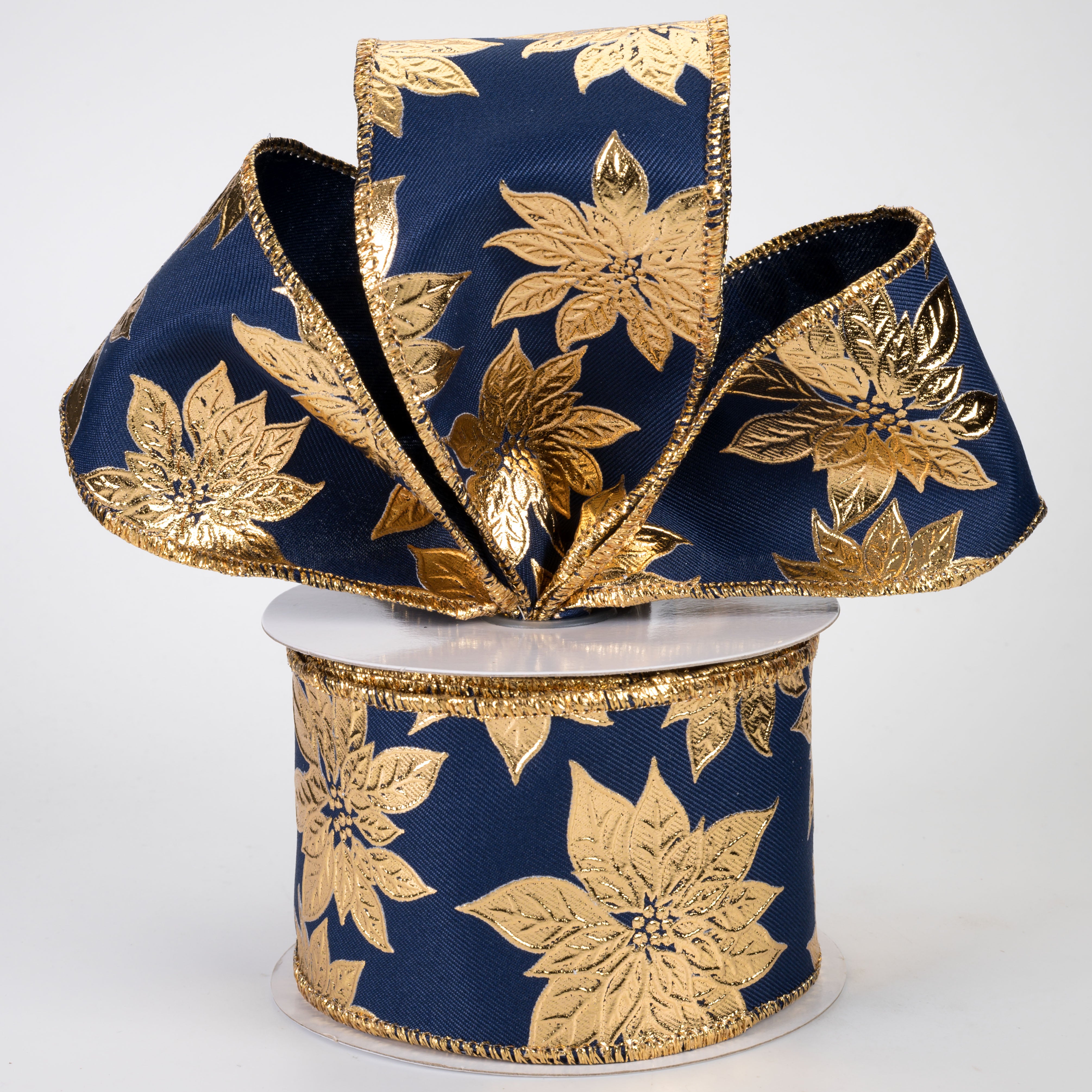 2.5" Metallic Poinsettia Ribbon: Gold on Navy (10 Yards)